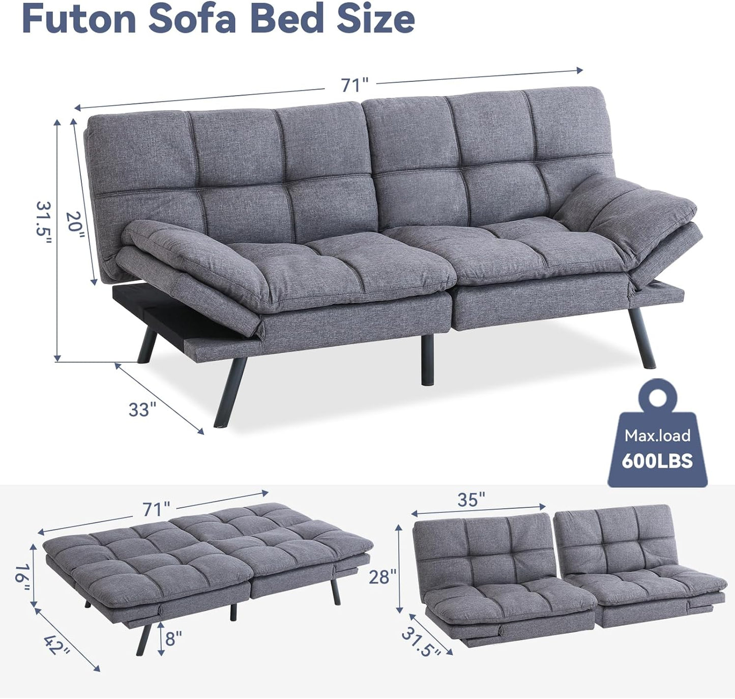 Hcore Convertible Sleeper, Memory Foam Futon Couch,Loveseat Bed,Small Splitback Modern Sofa Sofabed, Upgraded Grey - Retail $322