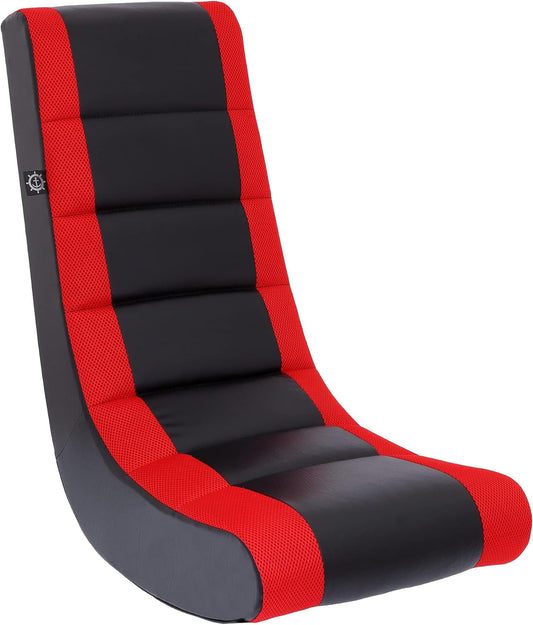 The Crew Furniture Classic Video Rocker Floor Gaming Chair, Kids and Teens, Racing Stripe PU Faux Leather & Polyester Mesh, Black/Red - Retail $40