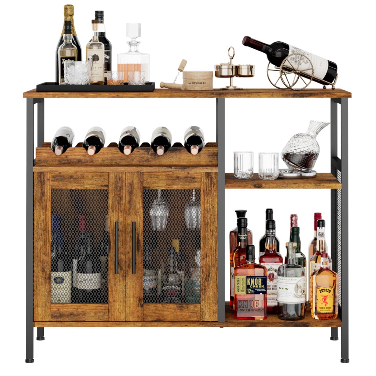 X-cosrack Wine Bar Rack Cabinet with Detachable Wine Rack, Coffee Bar Cabinet with Glass Holder, Small Sideboard and Buffet Cabinet with Mesh Door, Rustic Brown, Large