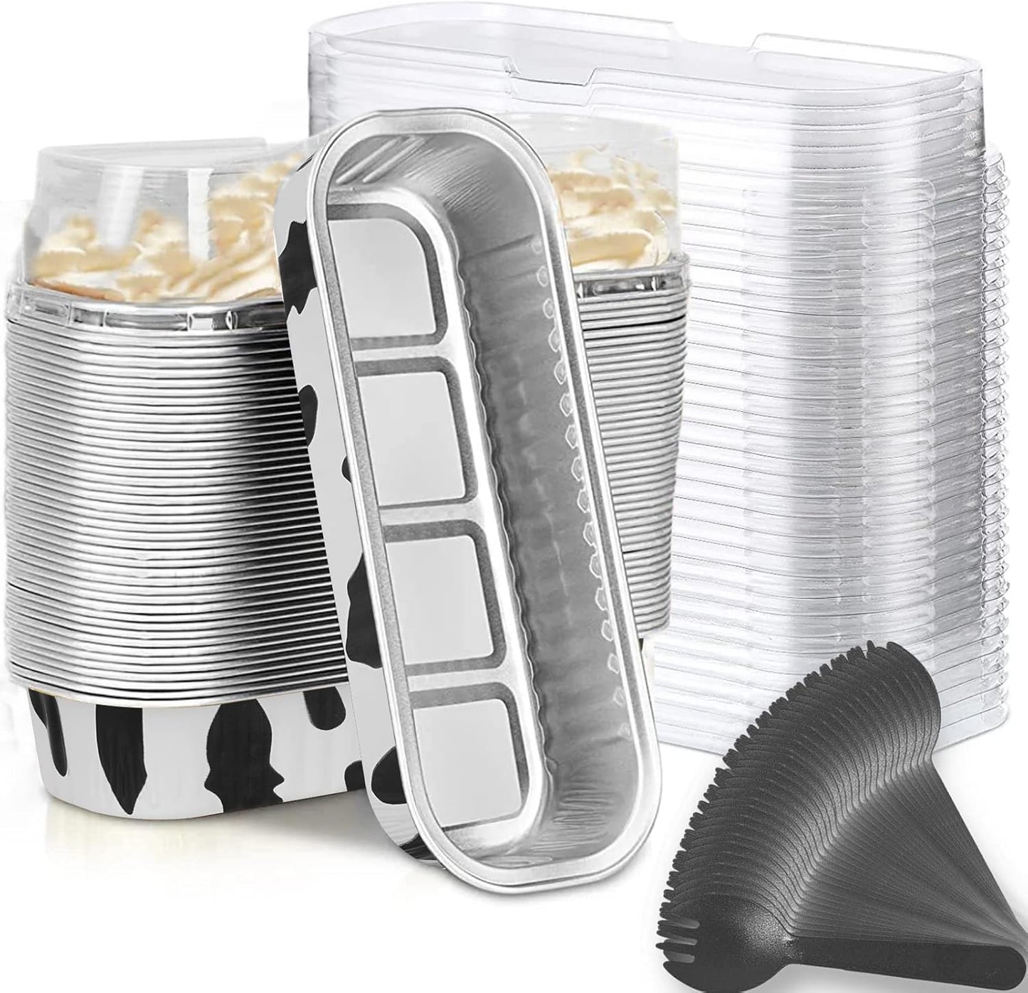 Mini Loaf Baking Pans with Lids and Spoons (50 Pack, 6.8oz) Rectangle Aluminum Foil Baking Pans Tins Containers - Cupcake Containers Wrappers Cheesecake Creme Brulee Ramekins