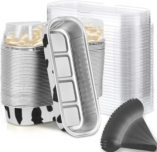 Mini Loaf Baking Pans with Lids and Spoons (50 Pack, 6.8oz) Rectangle Aluminum Foil Baking Pans Tins Containers - Cupcake Containers Wrappers Cheesecake Creme Brulee Ramekins