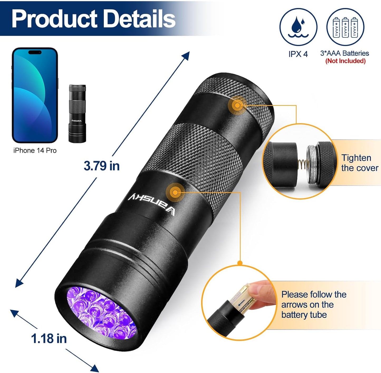Black Light UV Light Flashlight: Vansky 395nm 12 LED 2 Pack Ultraviolet Blacklight Flashlight Mini Powerful Pet Urine Detector for Dog/Cat, Carpet Dry Stains Detection, Spot Scorpions, Resin Curing