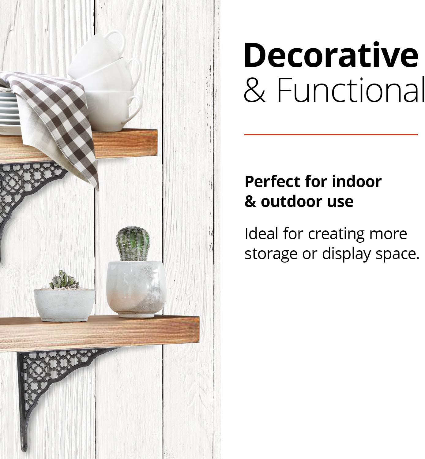 NACH Decorative Shelf Brackets, 2 Pack of 6.5 x 1 x 8.5 inch, Black Cast Iron Shelf Support Bracket - Metal Shelf Brackets for Wall - Lattice Shelf Bracket
