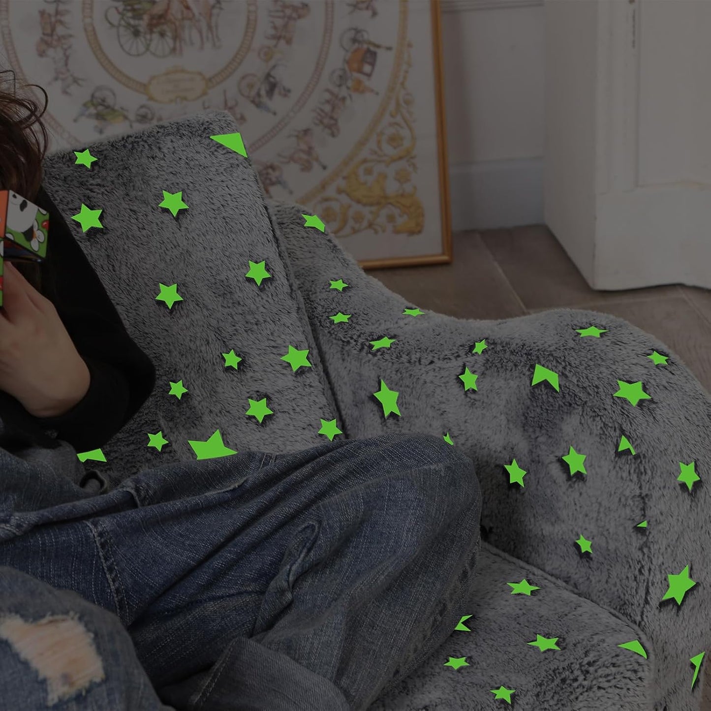 Star Glow in The Dark Toddler Couch, 2-in-1 Toddler Soft Couch Fold Out with Star Pillow, Convertible Sofa to Lounger for Girls and Boys, 1-Seat