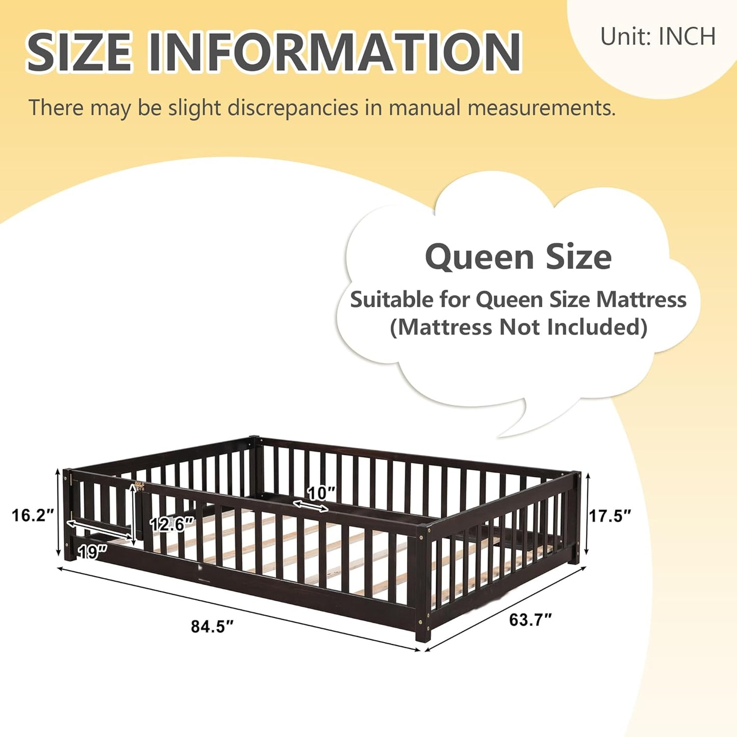 NEW - Dolonm QUEEN Size Montessori Bed, Toddler Floor Bed for Kids, Floor Platform Bed with Fence Guardrails and Door, Montessori Floor Bed Frame, Wooden Floor Bed Toddler, Espresso