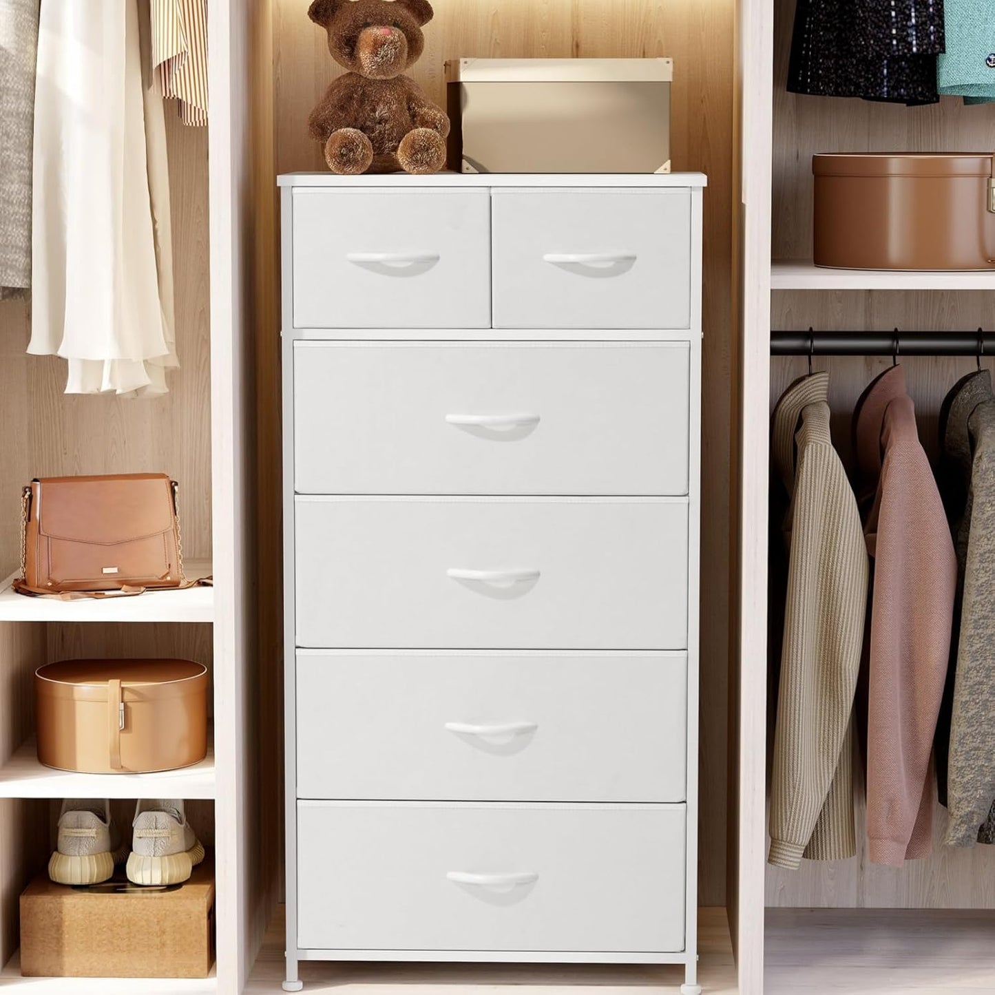 Crestlive Products Tall Dresser for Bedroom Vertical Skinny Dresser - Sturdy Steel Frame, Wood Top, Easy Pull Fabric Bins- Organizer Unit for Bedroom, Entryway, Closets - 6 Drawers (White)