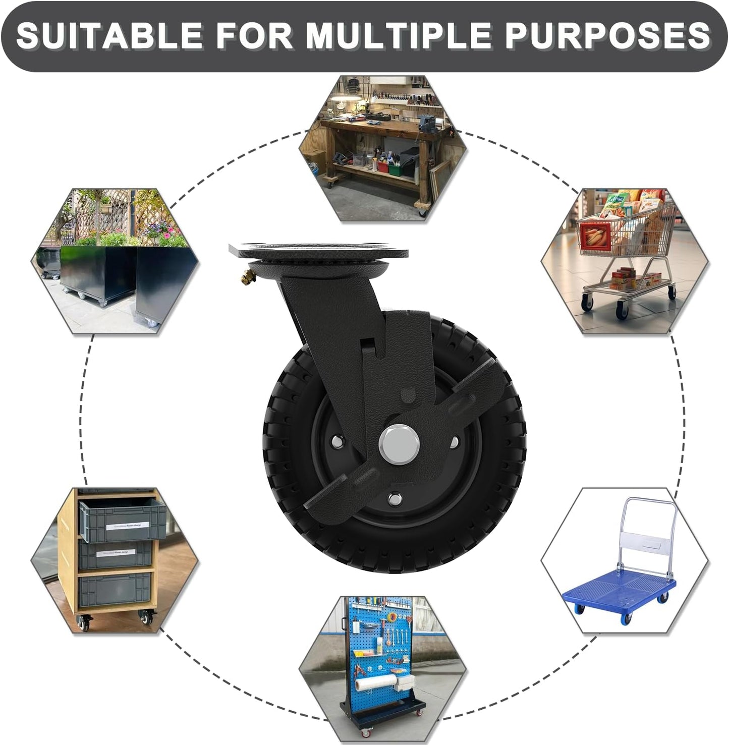 Heavy Duty Caster Wheel 8 Inch,Plate Caster Swivel 2 Pack 700lb Capacity,Solid Rubber,Cast Iron,Brake Casters for Flat Carts,Workbench,Dolly,Trolley