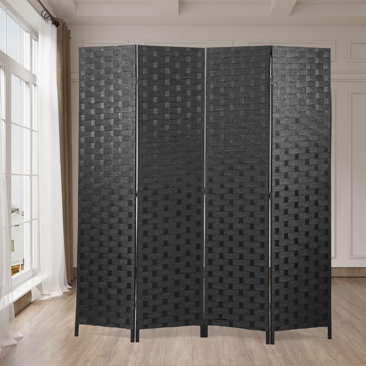 Room Divider 4 Panel 6ft Tall, Wood Folding Room Divider Screens Wood Mesh Hand-Woven, Black, WS180, ‎17.73 x 17.73 x 70.92 inches - Retail $70