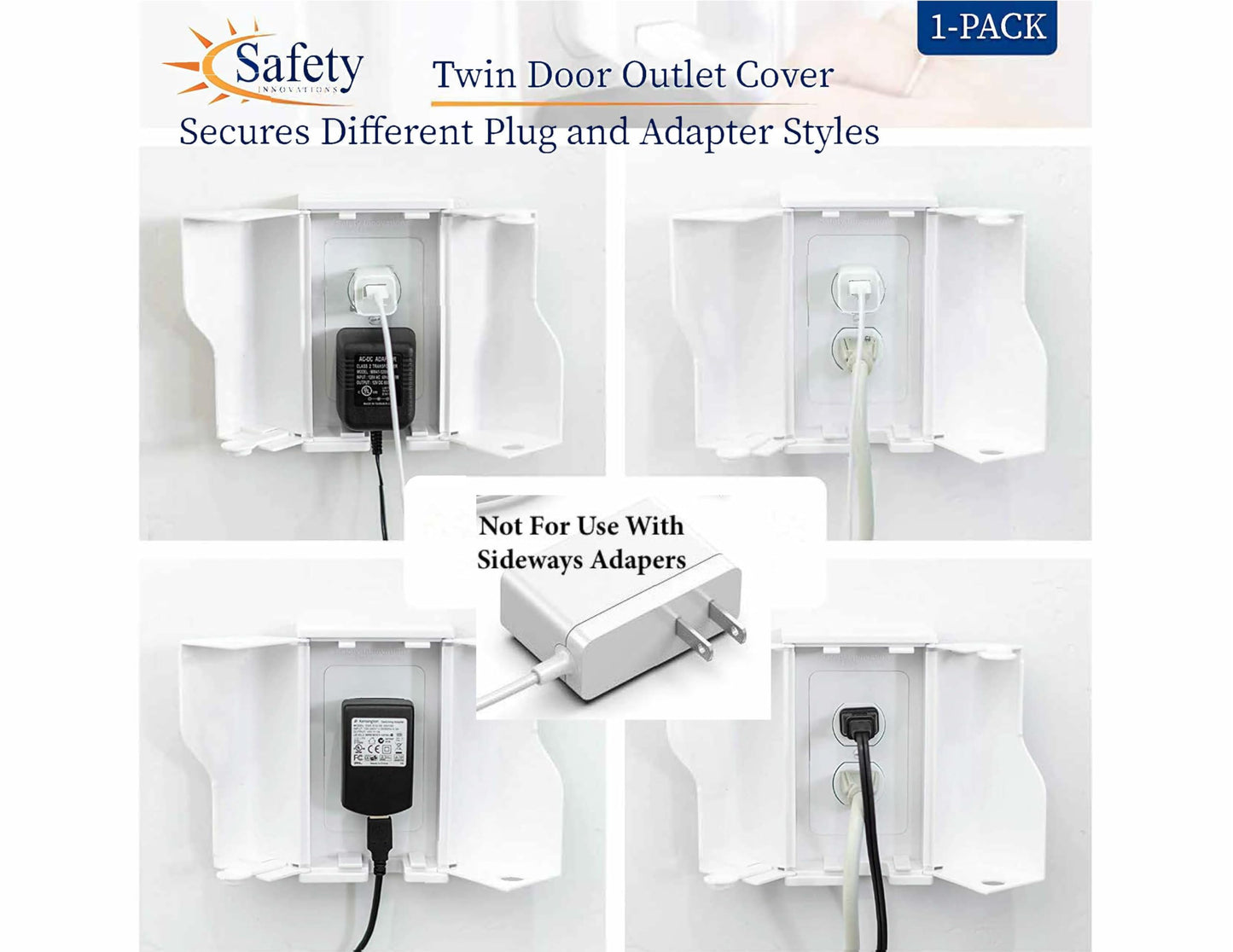 Safety Innovations Twin Door Baby Safety Outlet Cover Box for Babyproofing Outlets - More Interior Space for Extra Large Electrical Plugs and Adapters - Easy to Install - Easy to Use, (1-Pack)