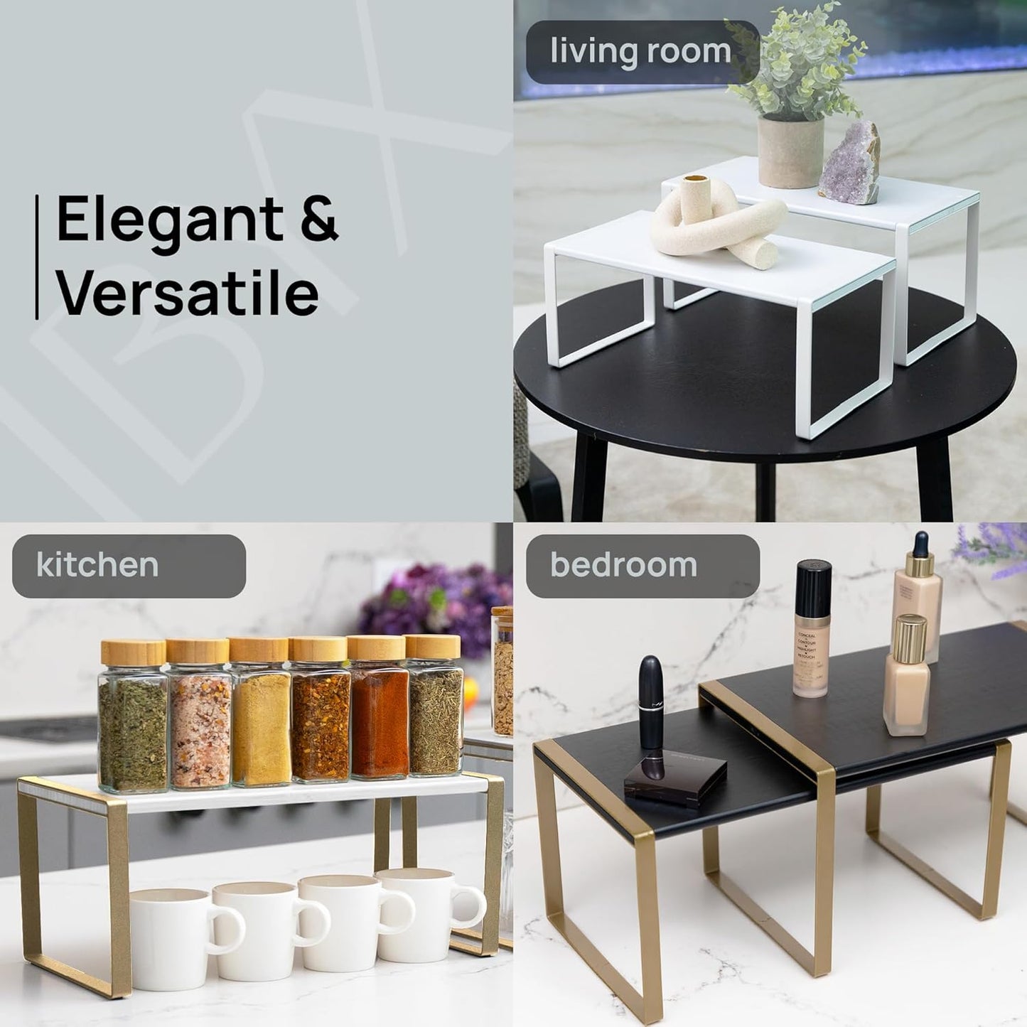 Ibyx Premium Kitchen Cabinet Organizer Shelf - Set of 3 Kitchen Counter Shelves - Stackable Shelf Racks for Cabinets - Metal Frame & Engineered Wood (Black Wood, Gold Frame)