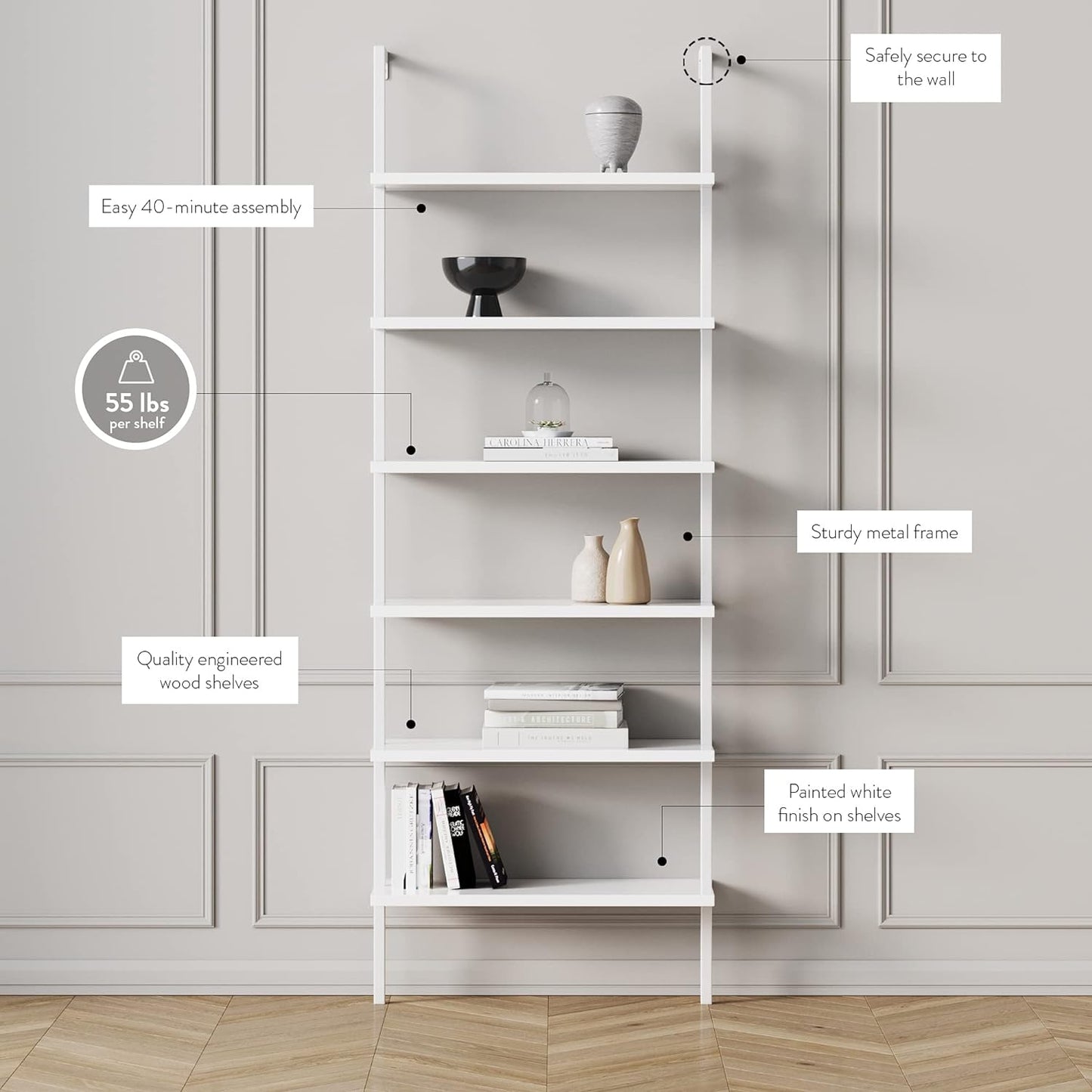 NEW - Nathan James Theo 6-Shelf Tall Modern Bookshelf, Wall Mount Ladder Shelf Bookcase with Wood and Industrial Metal Frame, Matte White - Retail $199