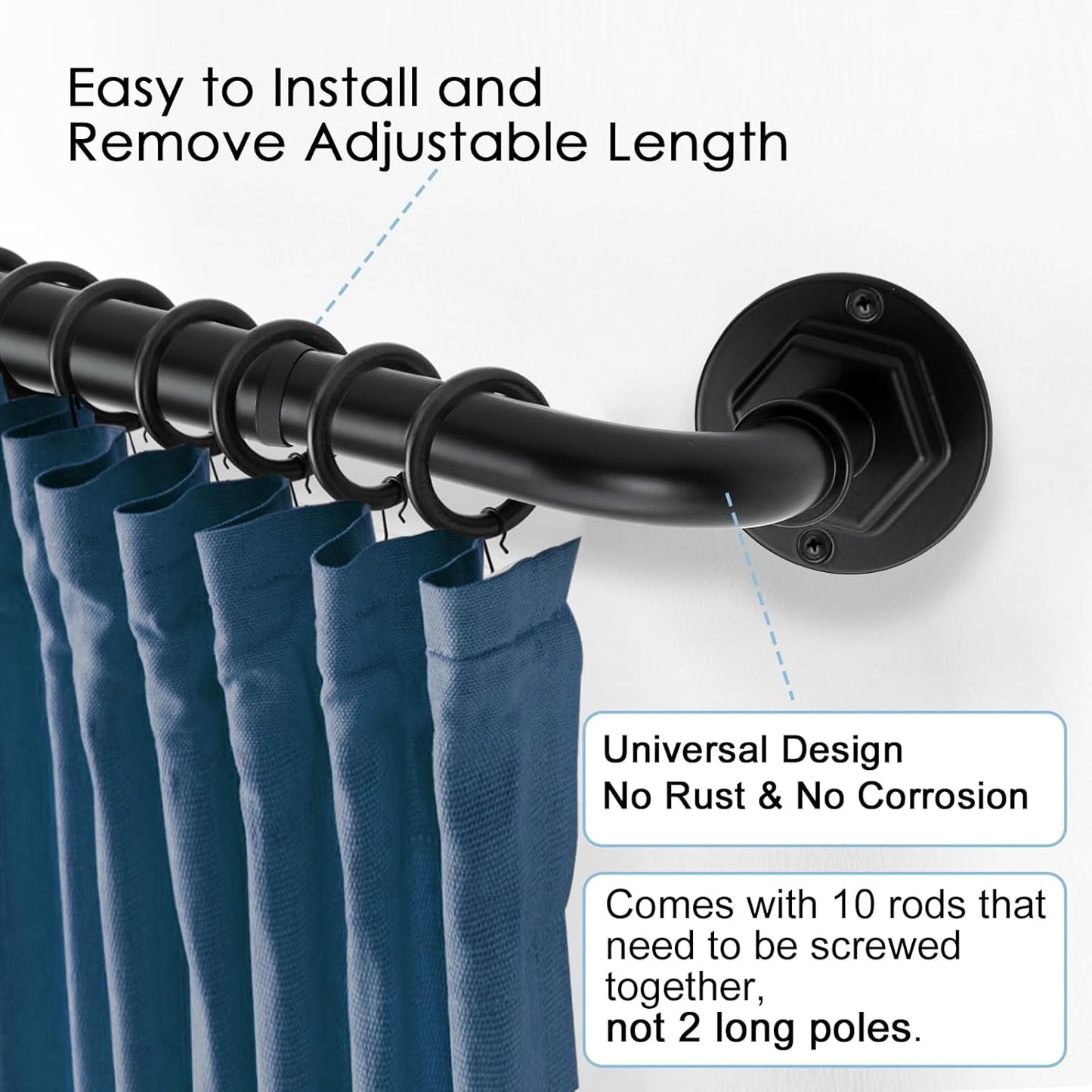 Curtain Rods for Windows 16 to 144 Inches Adjustable Blackout Wrap Around 1 Inch Diameter Curtain Rod, Black