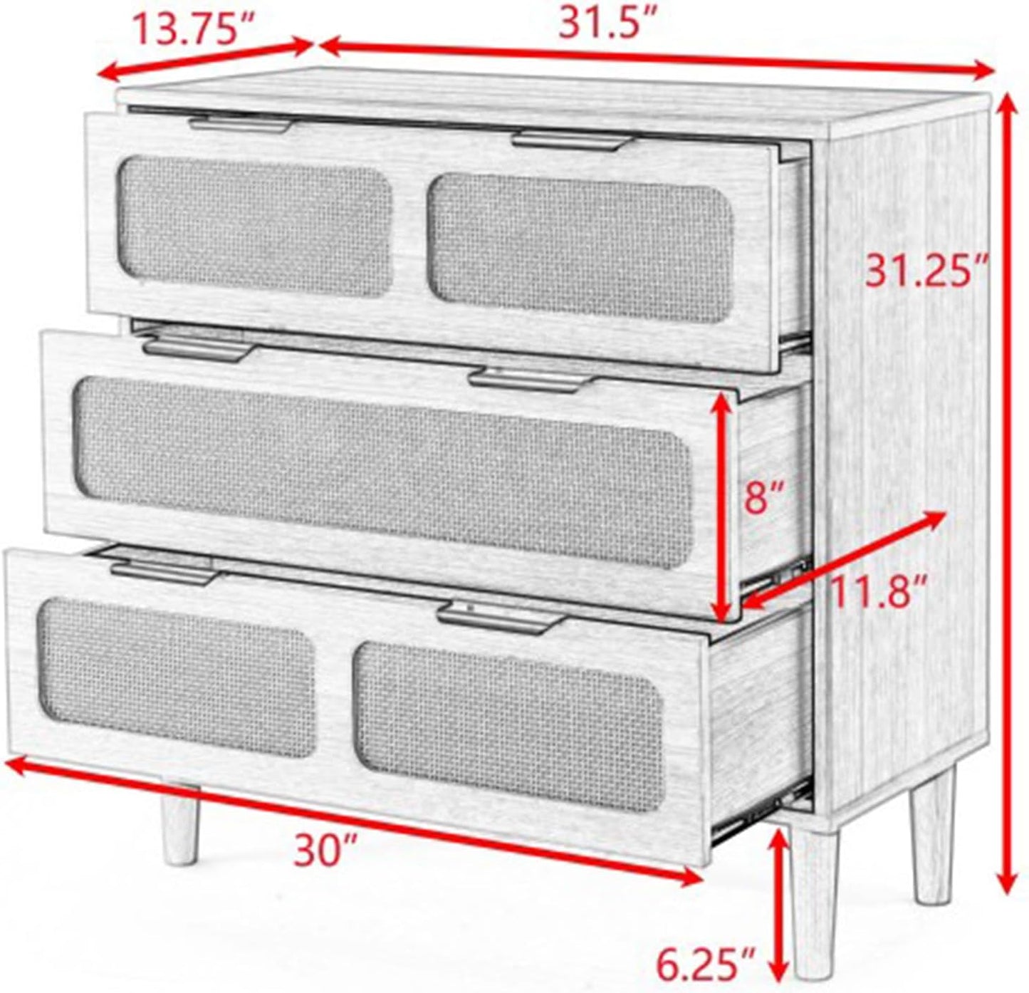 NEW - SPOFLYINN 3 Rattan Drawer Dresser with 3 Wide Drawers, Metal Handles Modern Rattan Dresser Cabinet for Bedroom, Living Room, Hallway, Entrance Farmhouse Storage Drawer Chest Walnut As Shown - Retail $260