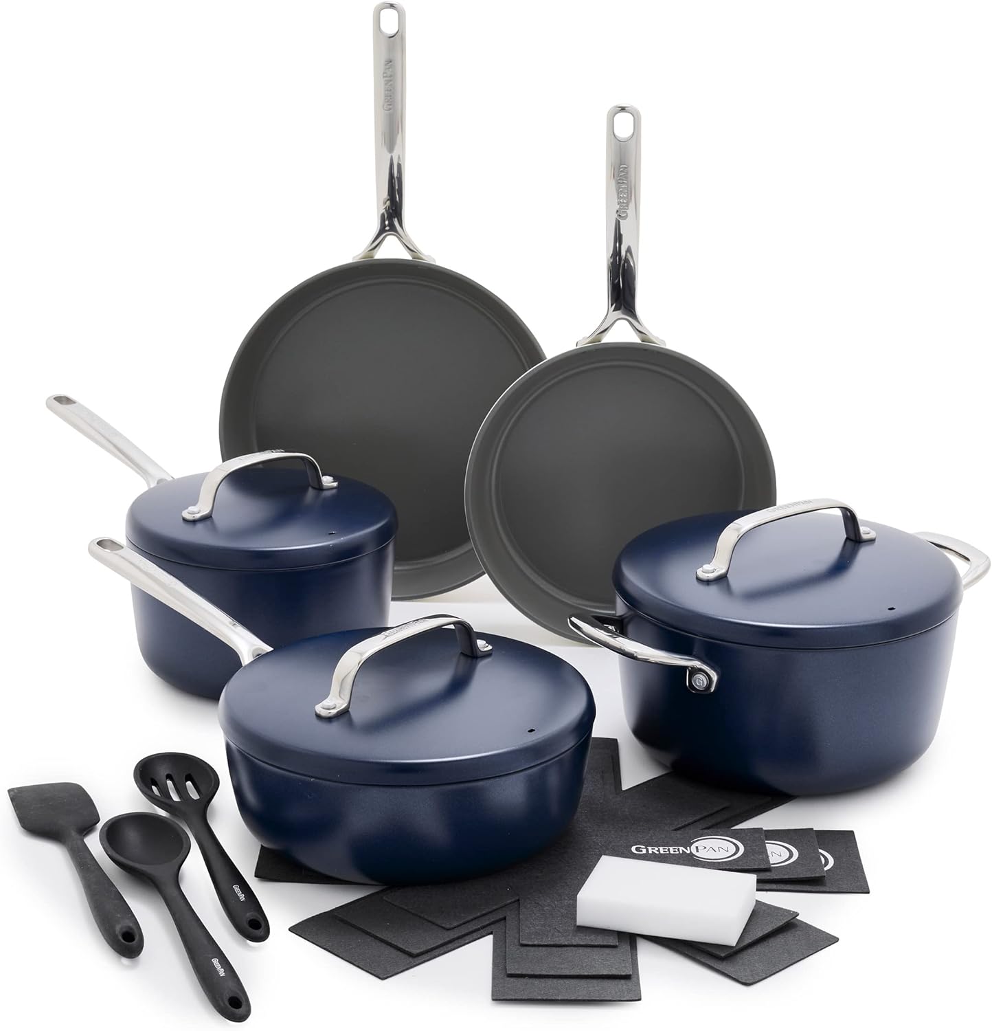 NEW - GreenPan GP5 Hard Anodized Healthy Ceramic Nonstick 14 Piece Cookware Pots and Pans Set,Heavy Gauge Scratch Resistant,Stay-Flat Surface, Induction, Mirror Finish Handle,Oven Safe,PFAS-Free, Blue - Retail $479