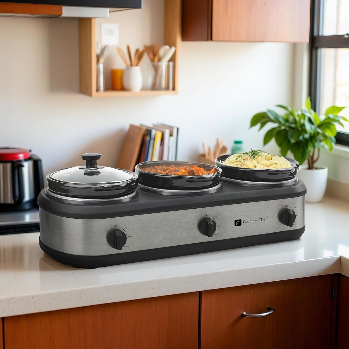 CULINARY CHEF, Triple Slow Cooker, Buffet Server 3 Pot, Food Warmer - Stainless