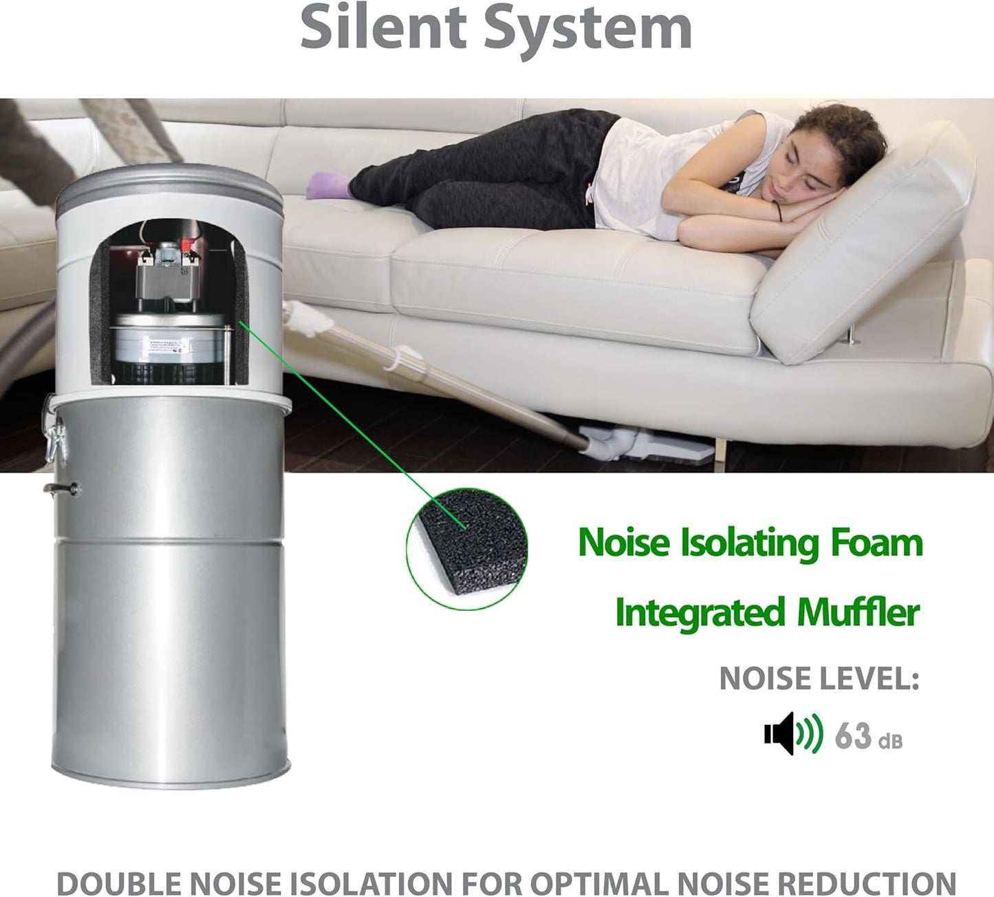 OVO Unit Heavy Duty Powerful Central Vacuum System, Hybrid Filtration (with or Without Disposable Bags) 35L or 9.25Gal, 700 Air watts with 40 ft Carpet Deluxe Accessory Kit, Silver