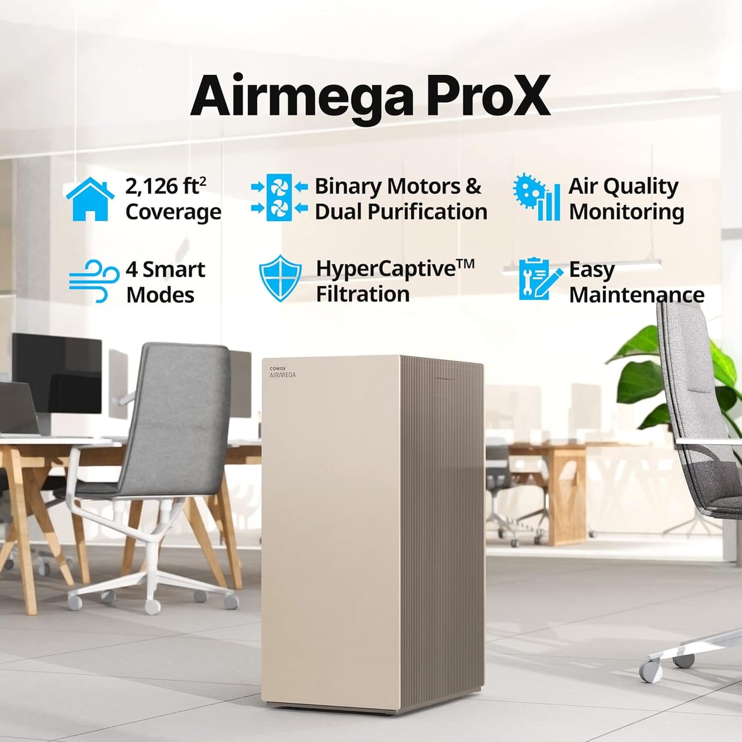 NEW - COWAY Air Purifiers for Large Room Whole Home Up to 4,253ft², 2 Sets of XL Washable Pre-Filters and True HEPA Filters for Dual Purification, PM1.0 AQI, Turbo Mode, Timer, Wheels, 5yr Warranty, ProX(B)