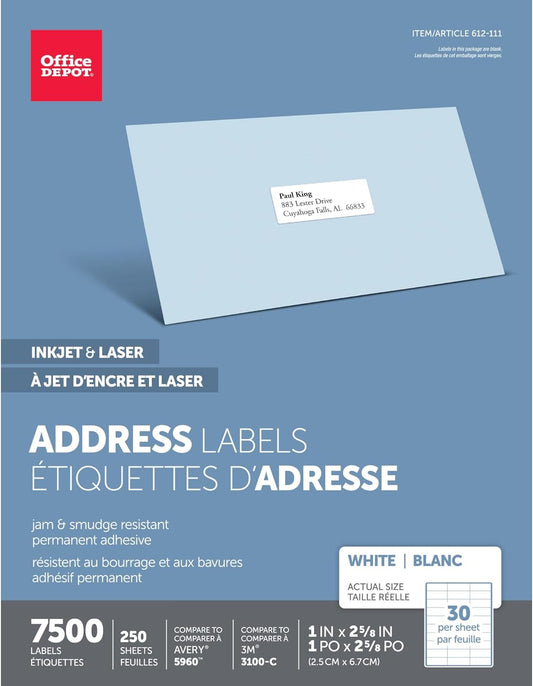 Office Depot White Inkjet/Laser Address Labels, 1in. x 2 5/8in., Box Of 7,500