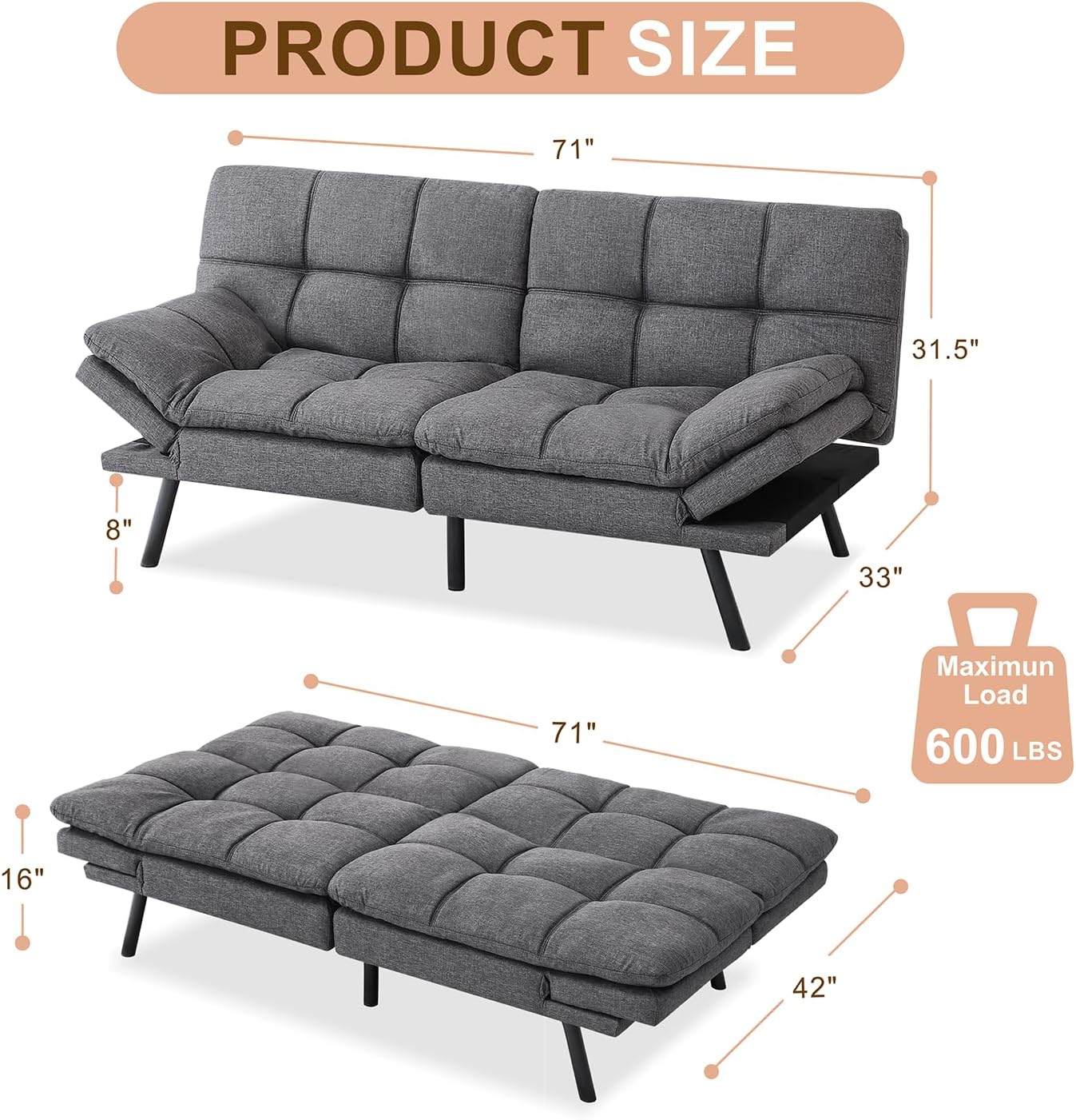 NEW - MUUEGM Futon Sofa Bed, Memory Foam Futon Sleeper Sofa Convertible Couch Fabric 71 Inch Futons with ArmRest, Metal Legs, Living Room Small & Compact Spaces, Easy Assemblyï¼ŒGrey - Retail $284