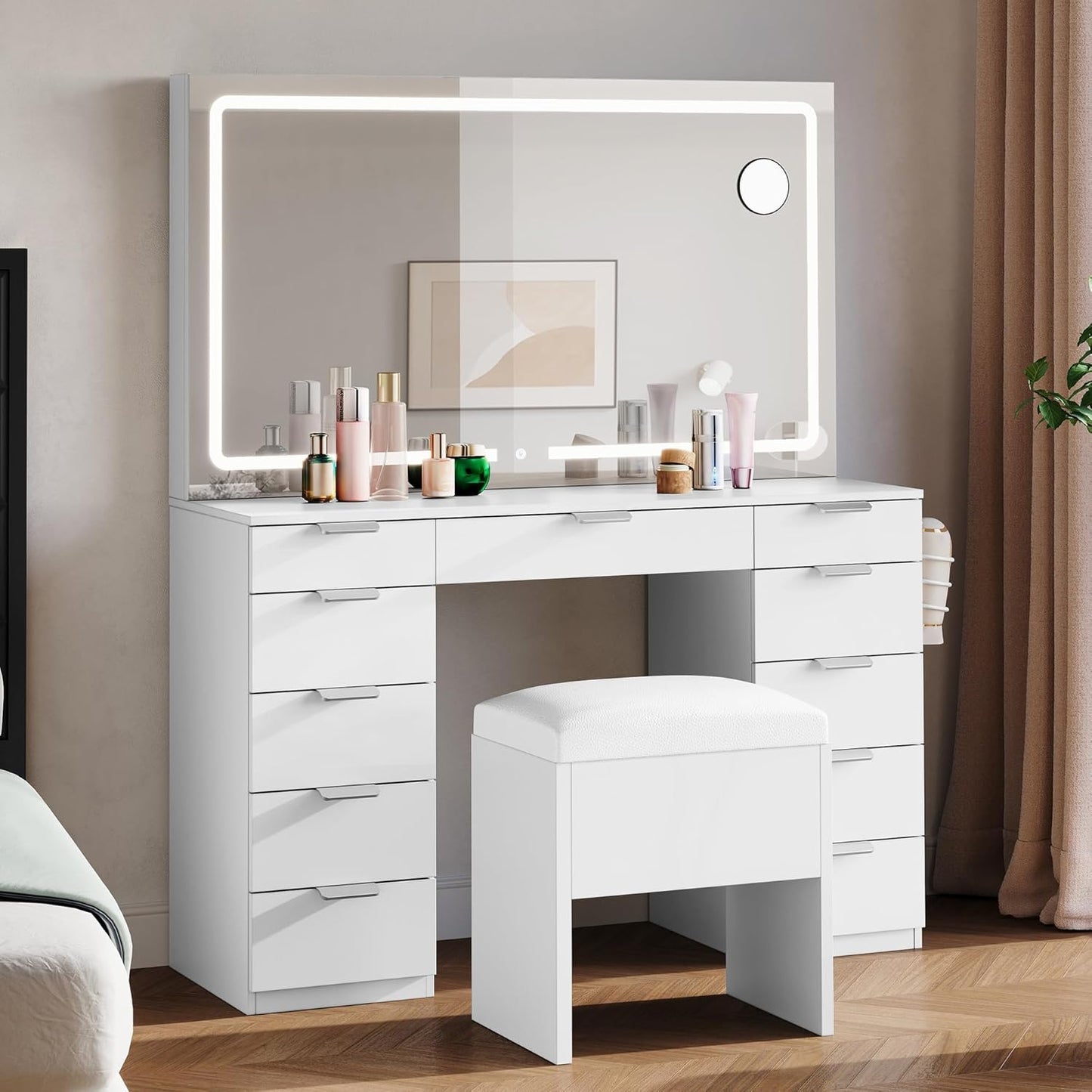 NEW - DWVO Wooden Makeup Vanity Desk Set with XL LED Mirror and Power Outlets, 11-Drawer Dressing Table with Storage Bench and Magnifying Glass for Bedroom, Pearl White - Retail $299