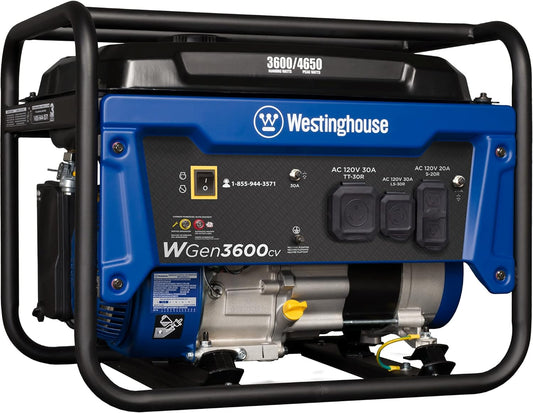 NEW w/ Dent - Westinghouse WGen3600 Portable Generator, 4650 Peak Watts & 3600 Rated Watts, RV Ready 30A Outlet, Wheel & Handle Kit, Gas Powered - Retail $349