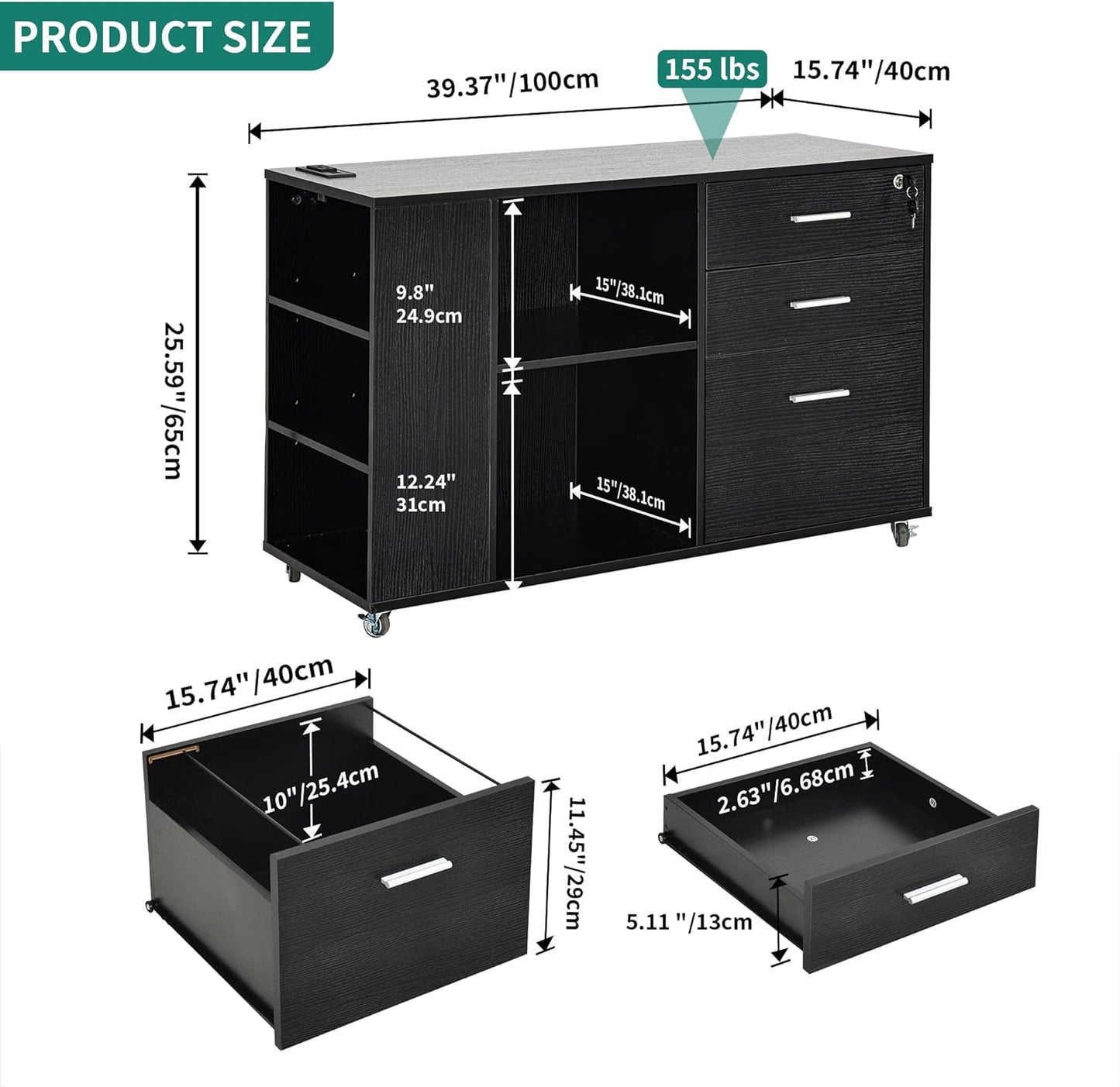 NEW - YITAHOME 3 Drawer File Cabinet with Charging Station, Home Office Furniture, Black - Retail $149