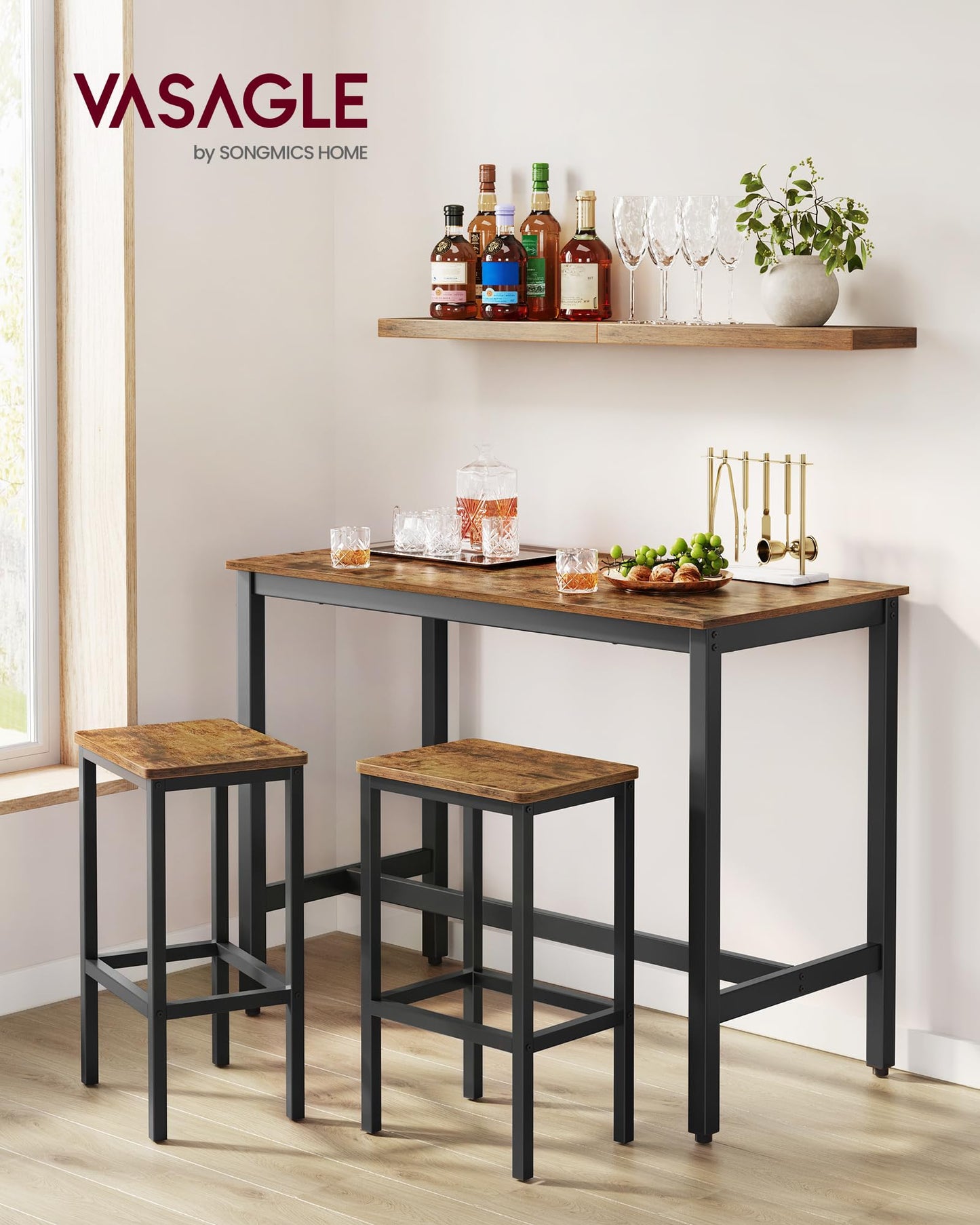 VASAGLE Bar Table and Chairs Set, Rectangular Table with 2 Stools, Dining Pub Set for 2