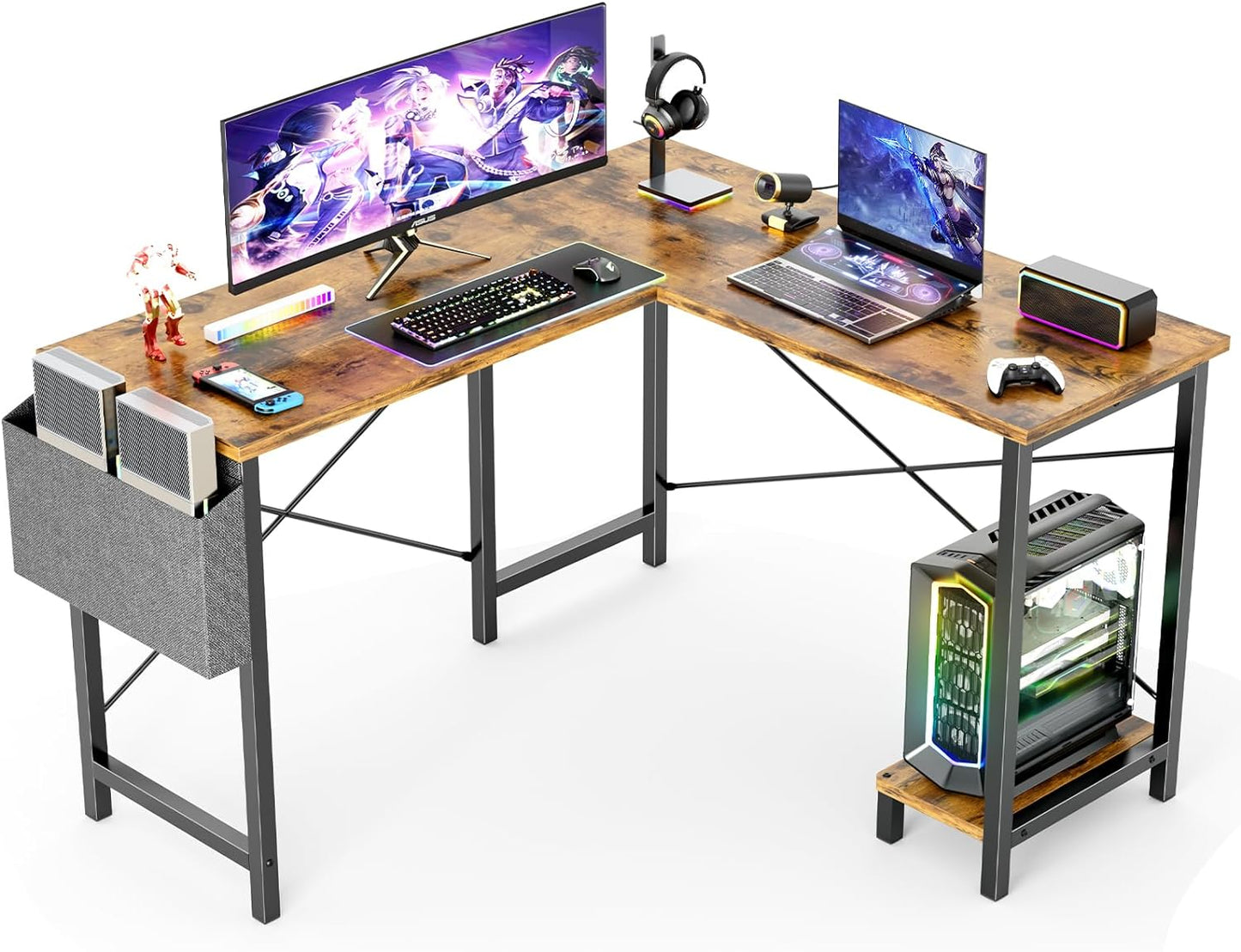 NEW - Sweetcrispy L Shaped Computer Desk - Gaming Table Corner Desk 50 Inch PC Writing Desk Study Desks with Wooden Desktop CPU Stand Side Bag Reversible for Home Office Dorm Small Space, Rustic - Retail $69