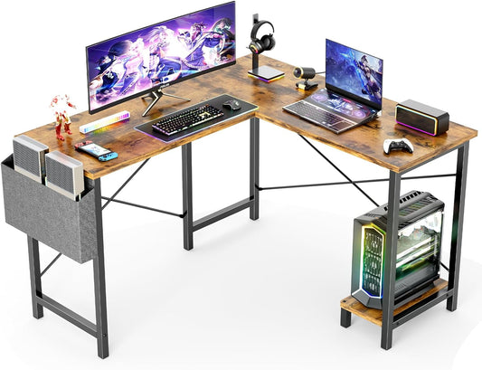 NEW - Sweetcrispy L Shaped Computer Desk - Gaming Table Corner Desk 50 Inch PC Writing Desk Study Desks with Wooden Desktop CPU Stand Side Bag Reversible for Home Office Dorm Small Space, Rustic - Retail $69