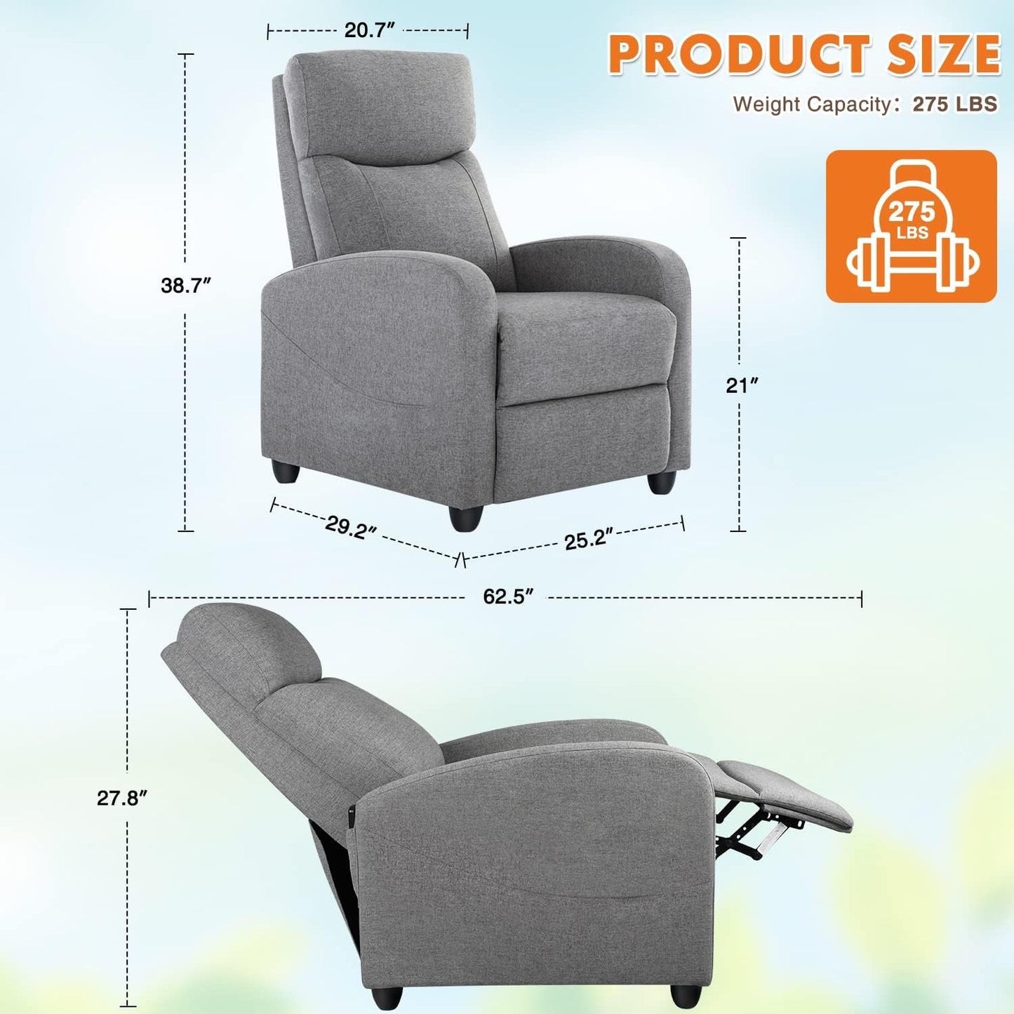 NEW - Sweetcrispy Recliner Chair for Adults, Massage Fabric Small Recliner Home Theater Seating with Lumbar Support, Adjustable Modern Reclining Chair with Padded Seat Backrest for Living Room (Deep Grey) - Retail $107