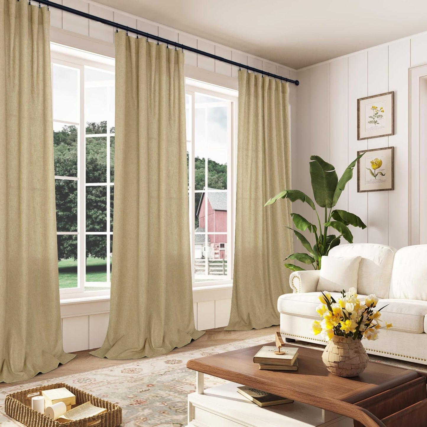 Mrs.Naturall Tan Back Tab Linen Blend Sheer Curtains for Bedroom 52x108 Inches Long