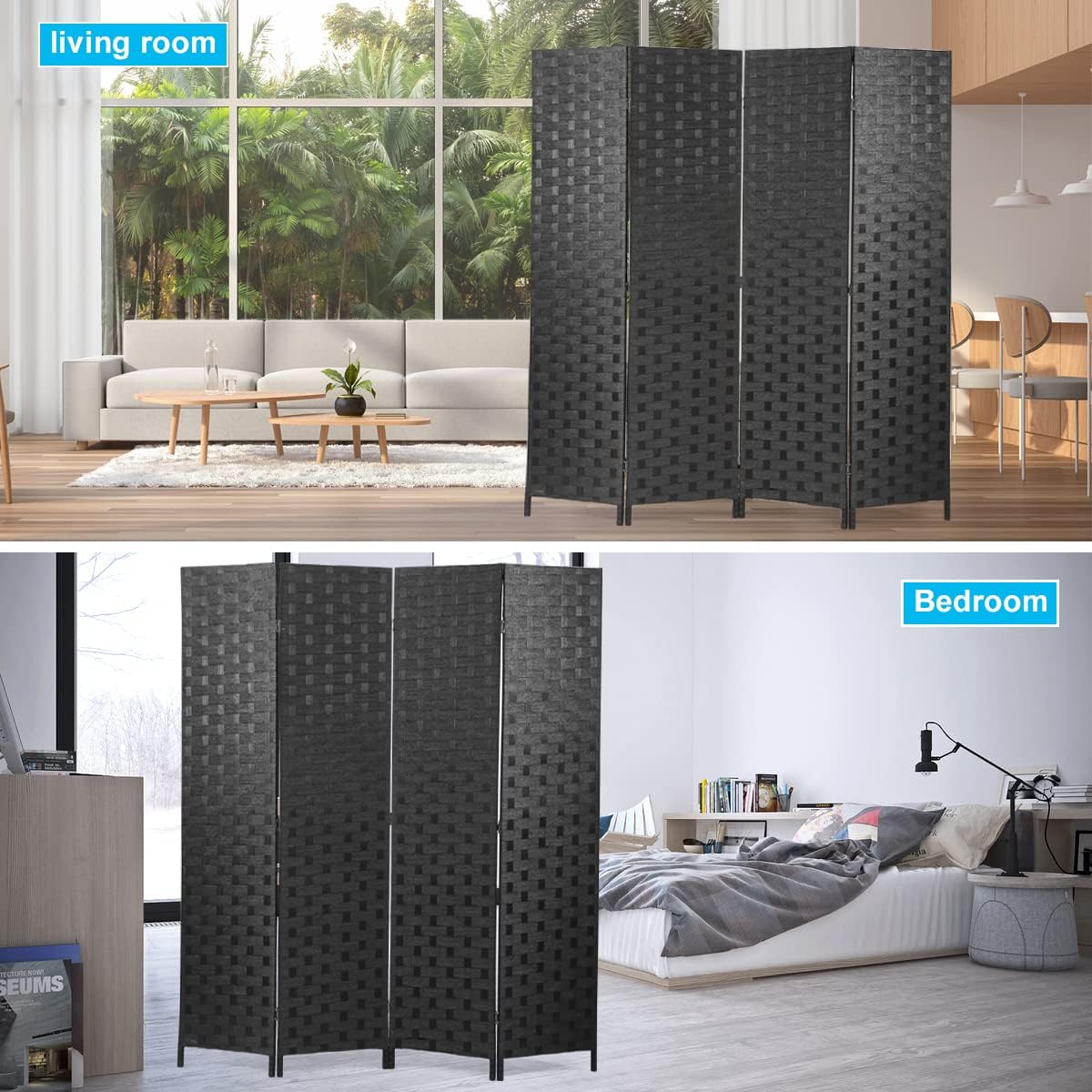 Room Divider 4 Panel 6ft Tall, Wood Folding Room Divider Screens Wood Mesh Hand-Woven, Black, WS180, ‎17.73 x 17.73 x 70.92 inches - Retail $70