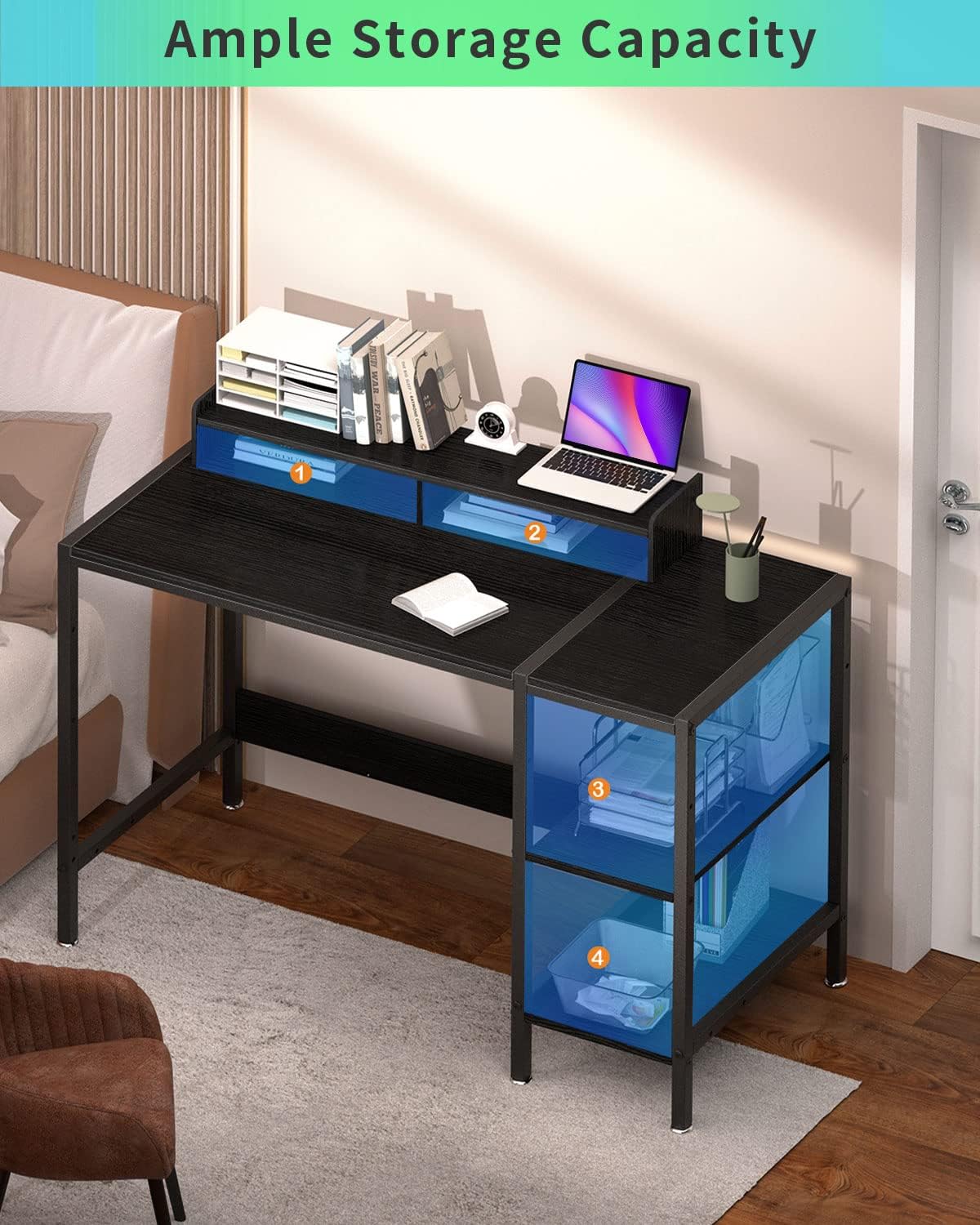 Computer Desk - 47” Gaming Desk, Home Office Desk with Storage, Small Table with Monitor Stand, Storage Space-Savor, Modern Table, Black