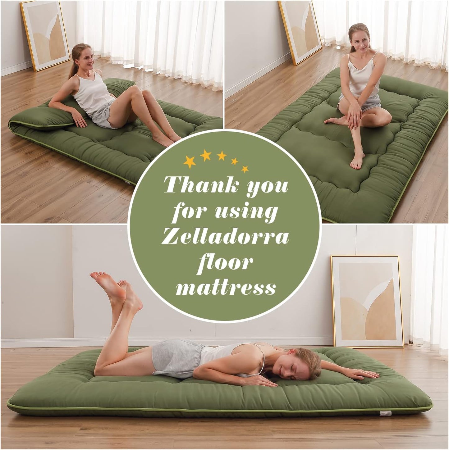 NEW - Japanese FULL Floor Mattress, Futon Mattress with Portable Storage Bag and Washable Cover, Roll Up Thick Tatami Mat Suitable for Camping, Guest Room, Green