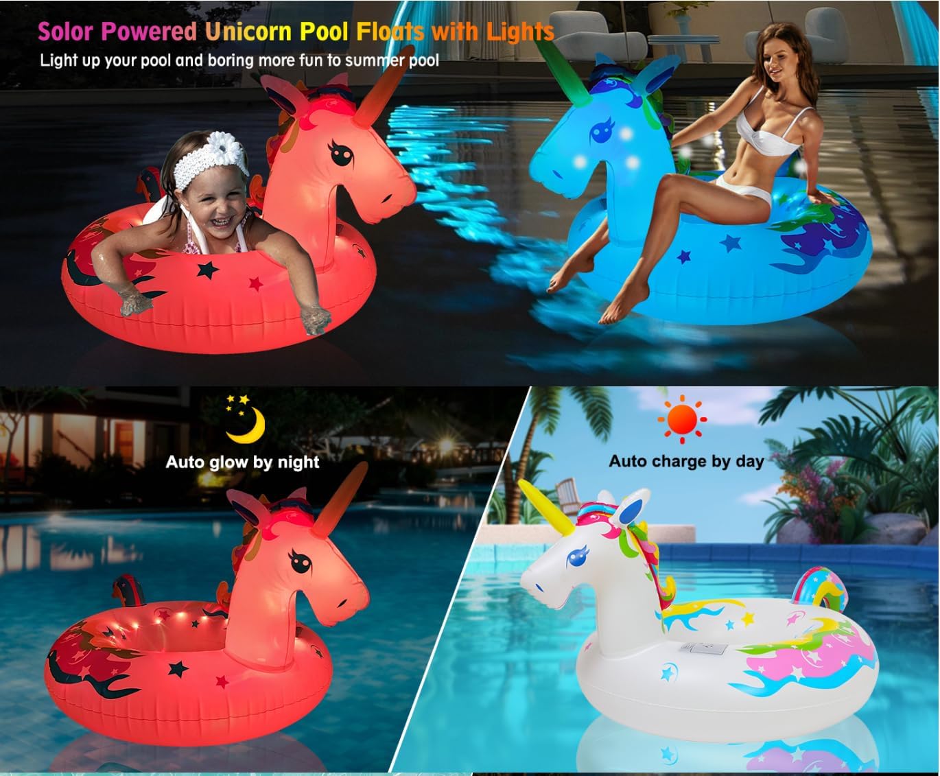 43 Inch Solar Powered Floating Unicorn Pool Light with 7 Modes Color Changed LED Lights,Large Inflatable Pool Swim Ring