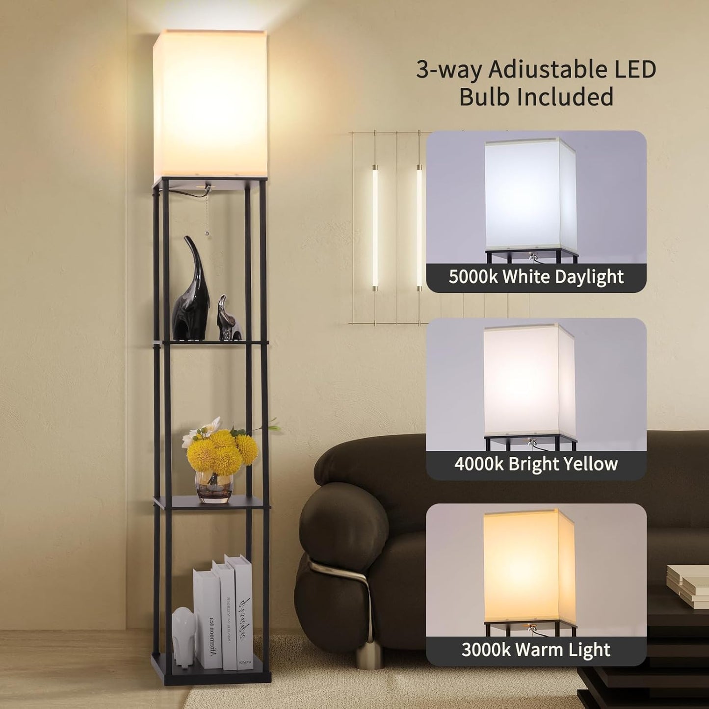 Floor Lamp with Shelves, Modern Square Standing Lamp with 3 Color Temperature Bulb, Corner Display Bookshelf Lamp for Living Room, Bedroom and Office (Black)