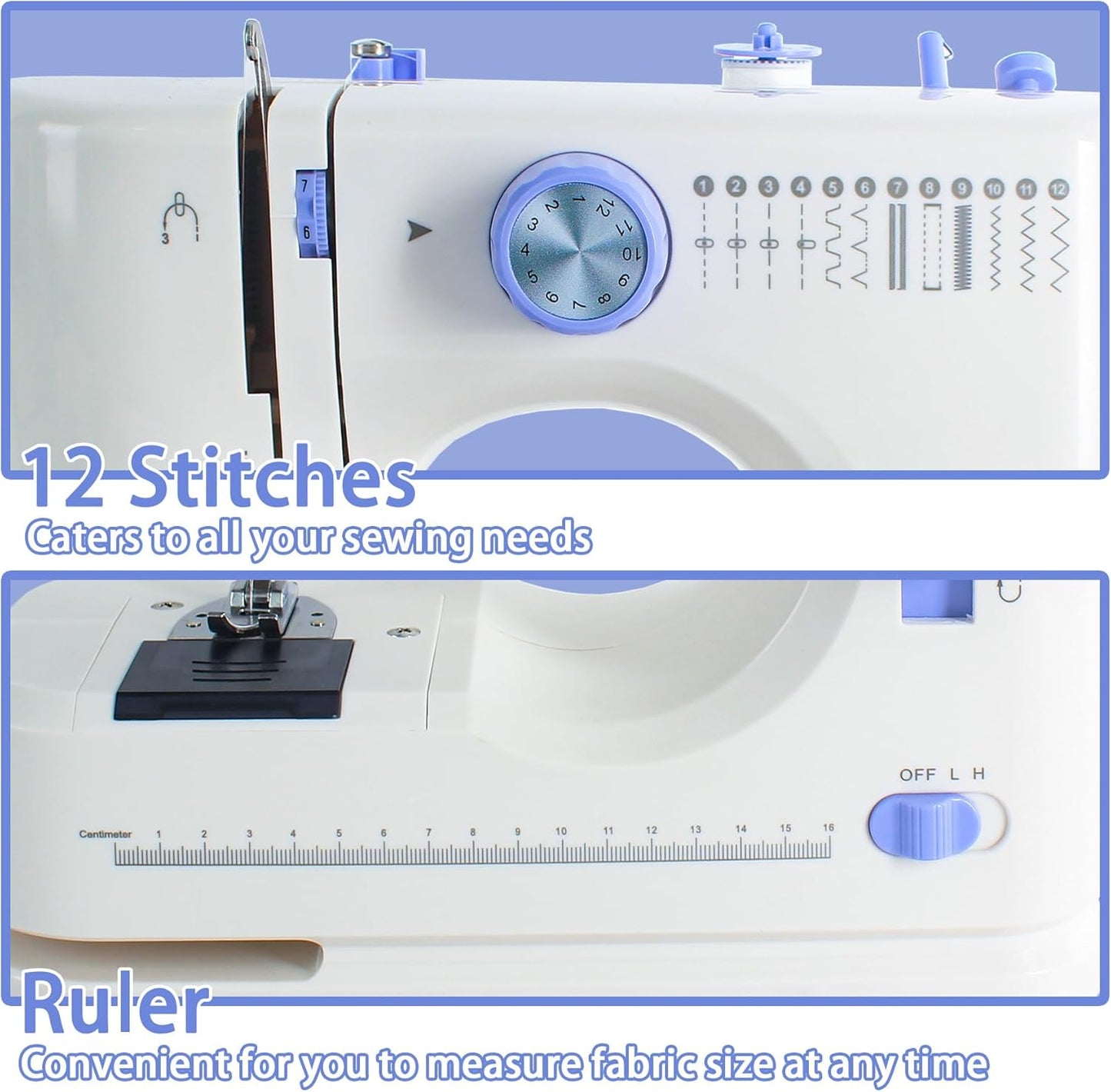 Sewing Machine for Beginners with 20 Pcs Fabric and 32 Pcs Sewing Threads Kit,Portable Sewing Machine with 12 Built-in Stitches,2 Speed(High-Low Speeds) - White Blue