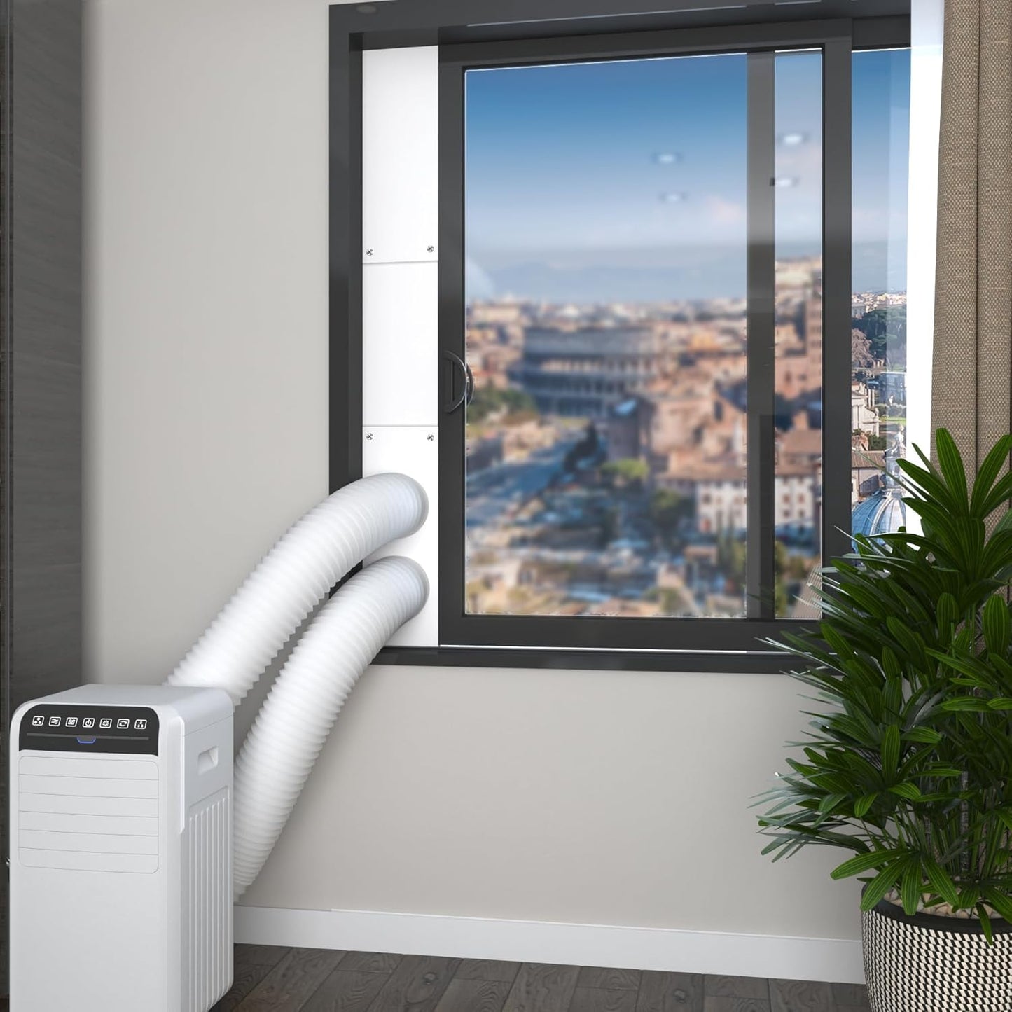 Flamorrow Dual Hose Portable Air Conditioner Window Kit, Adjustable Window Seal Plates for 5" Diameter Exhaust Hose, Sliding AC Window Vent Kit with Foam Seal Strip, White
