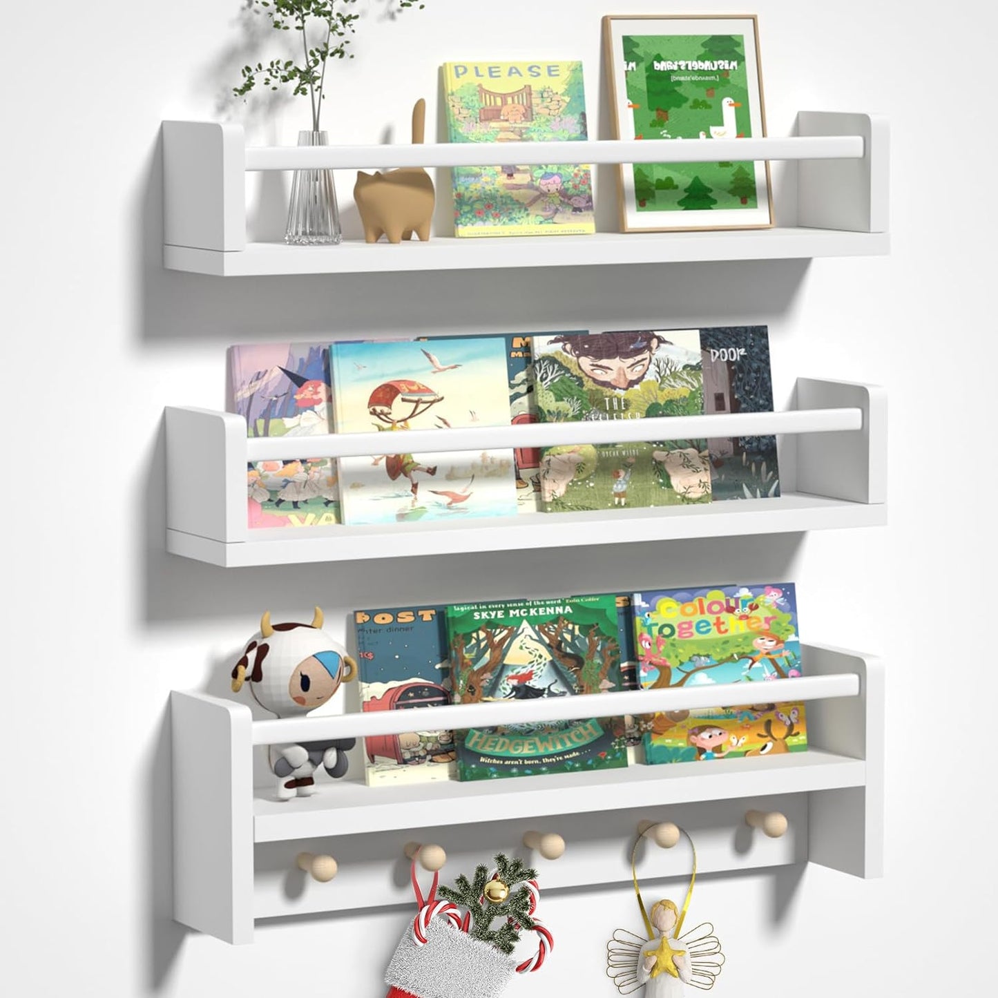NEW - Esonal Wall Mounted Bookshelves for Kids, White Nursery Floating Book Shelves, 24 Inch Floating Shelves for Wall Decor Storage for Kids Room, Bathroom Decor, Bedroom, Set of 3 - Retail $48