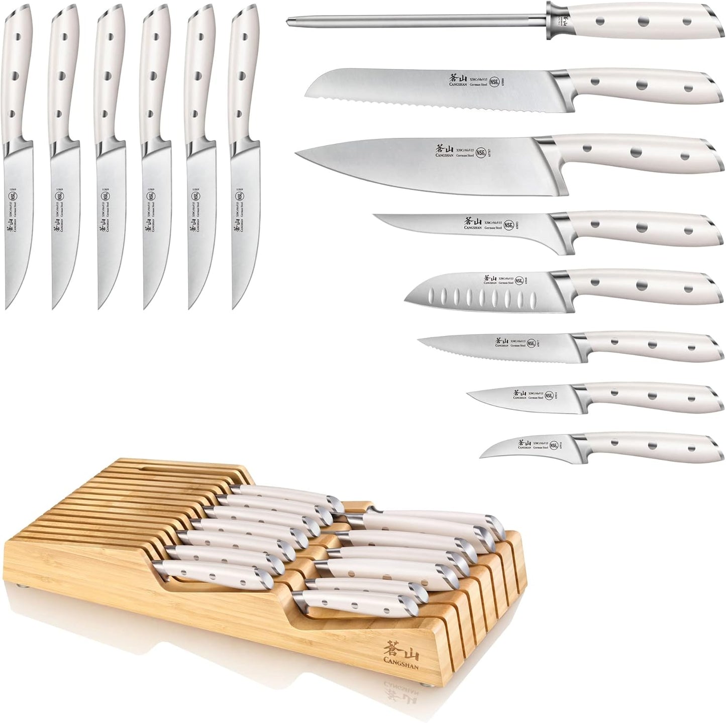 Cangshan ALPS Series German Steel Forged 15-Piece In-Drawer Knife Set with Bamboo Tray