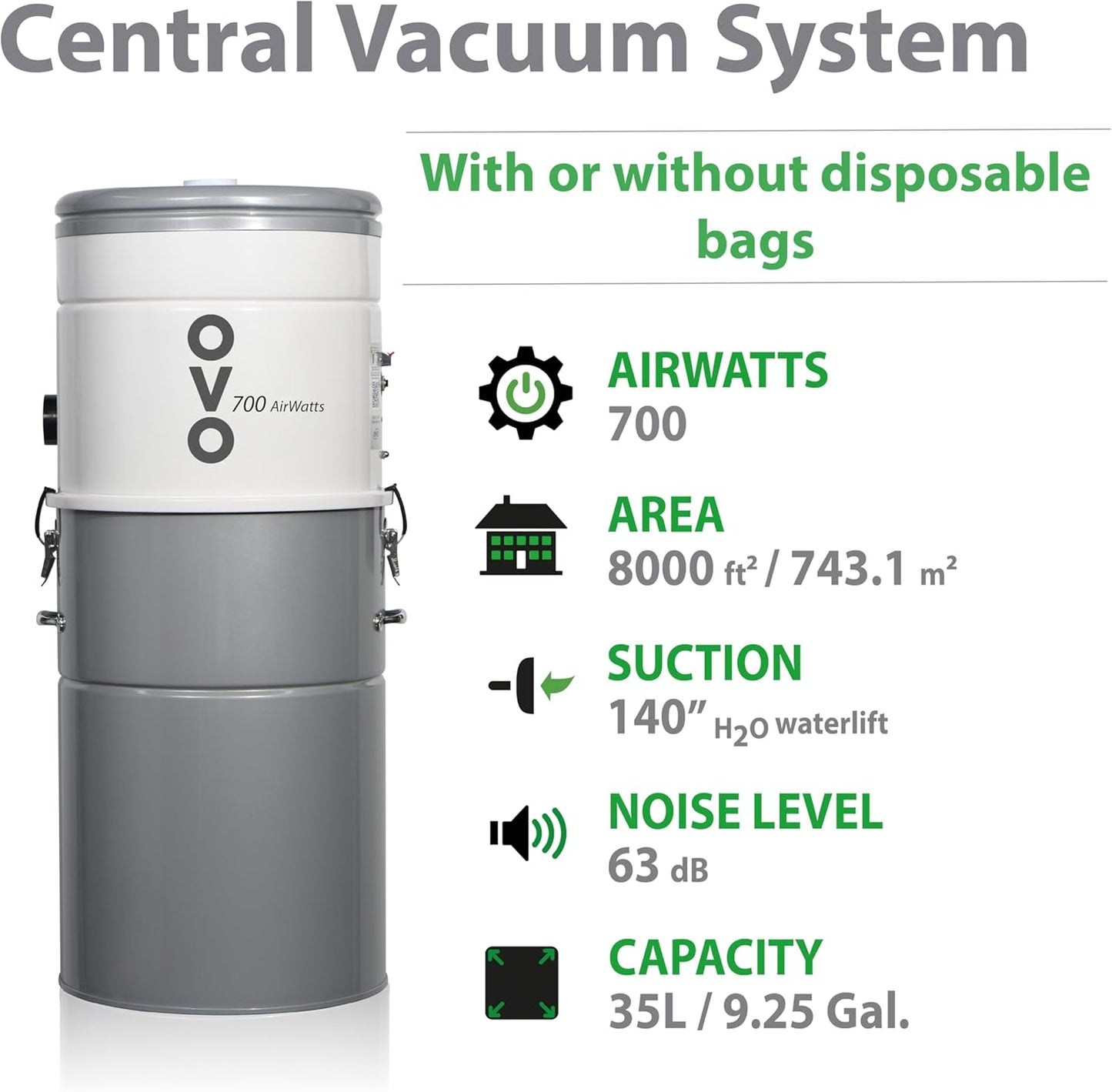 OVO Unit Heavy Duty Powerful Central Vacuum System, Hybrid Filtration (with or Without Disposable Bags) 35L or 9.25Gal, 700 Air watts with 40 ft Carpet Deluxe Accessory Kit, Silver