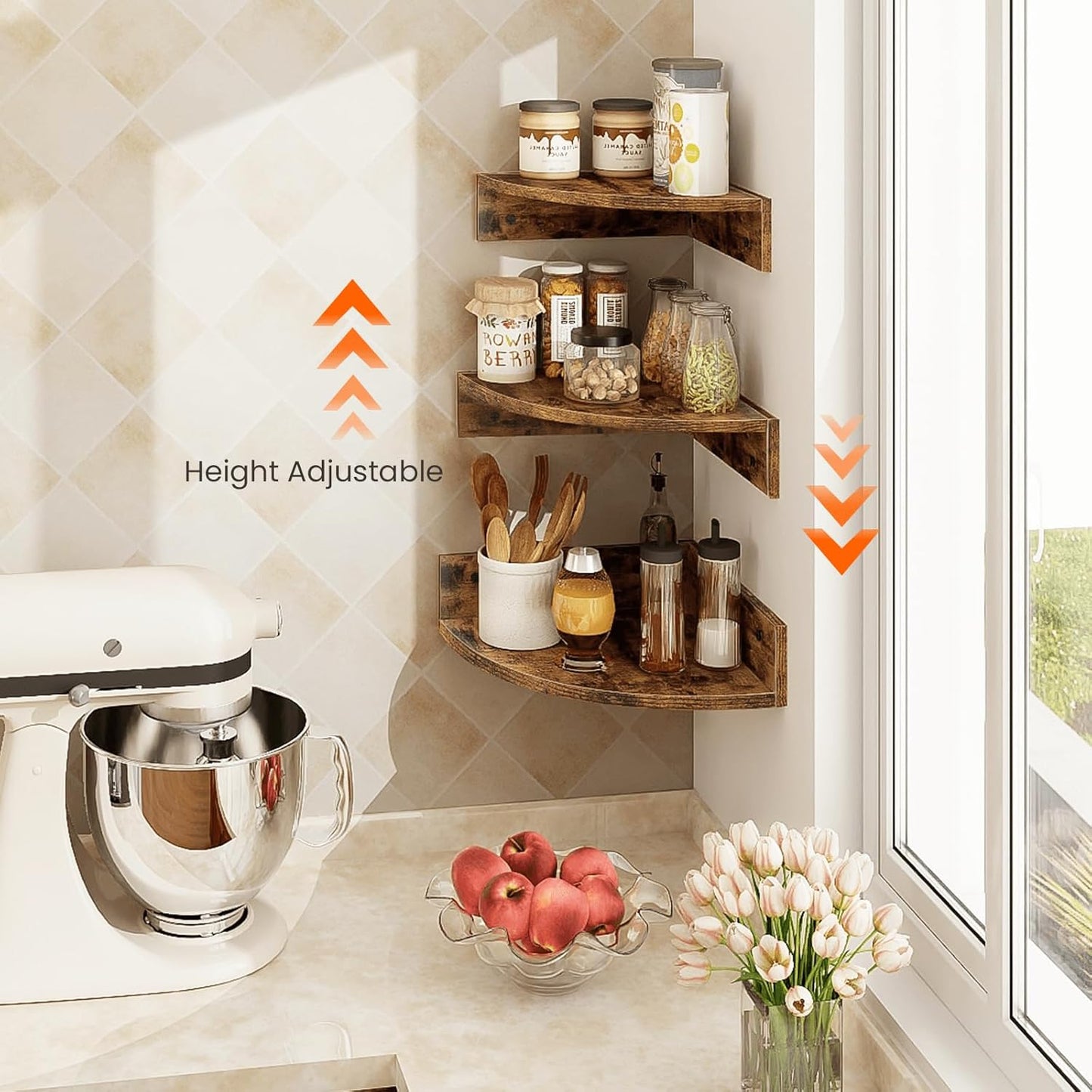 Homode Corner Floating Shelves, Set of 3 Corner Wall Shelves for Storage and Display, 3 Tier Wood Hanging Shelf Organizer for Cable Box, for Bedroom, Bathroom, Kitchen, Rustic Grey