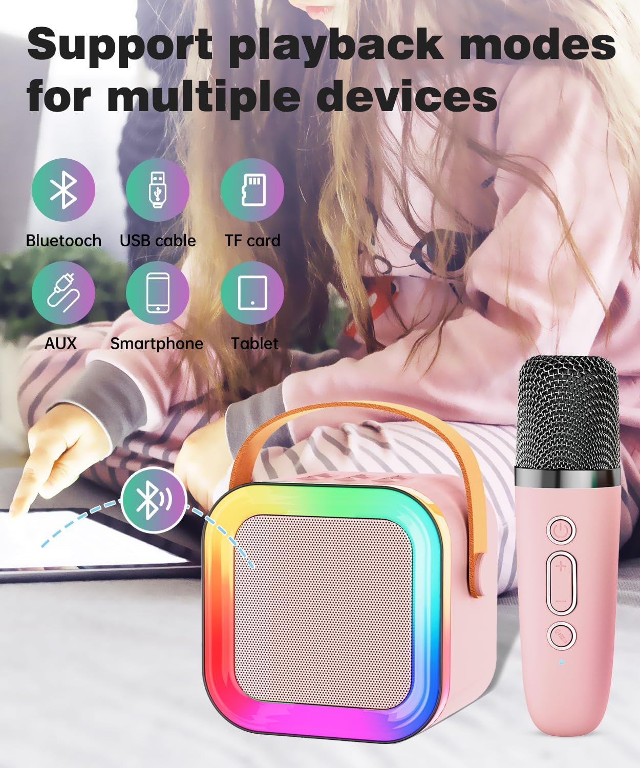 Mini Karaoke Machine Speaker for Kids Adults,Portable Bluetooth with 1-2 Wireless Microphones,Christmas Birthday Gifts Toys Girls Boys Ages 4, 5, 6,7, 8,9,10,11,12+ Years Old Toddler (Pink - 1 Mic)