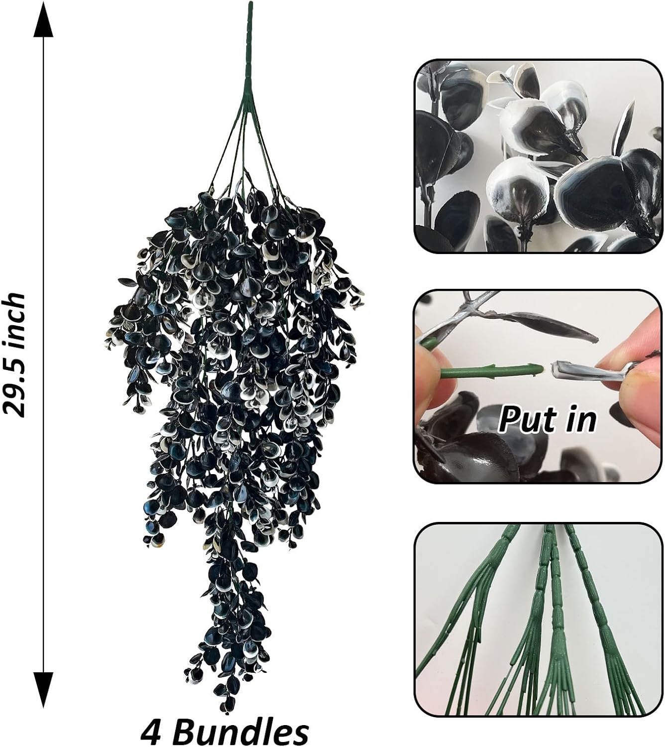 Vine Plant Fake 4 Pcs Ferns Artificial Plants Large Faux Hanging Plant Artificial Hanging Plants Wall Plants Fake Ivy Room Decor Home Garden Wedding Party Indoor Outdoor Decorations(Black White)