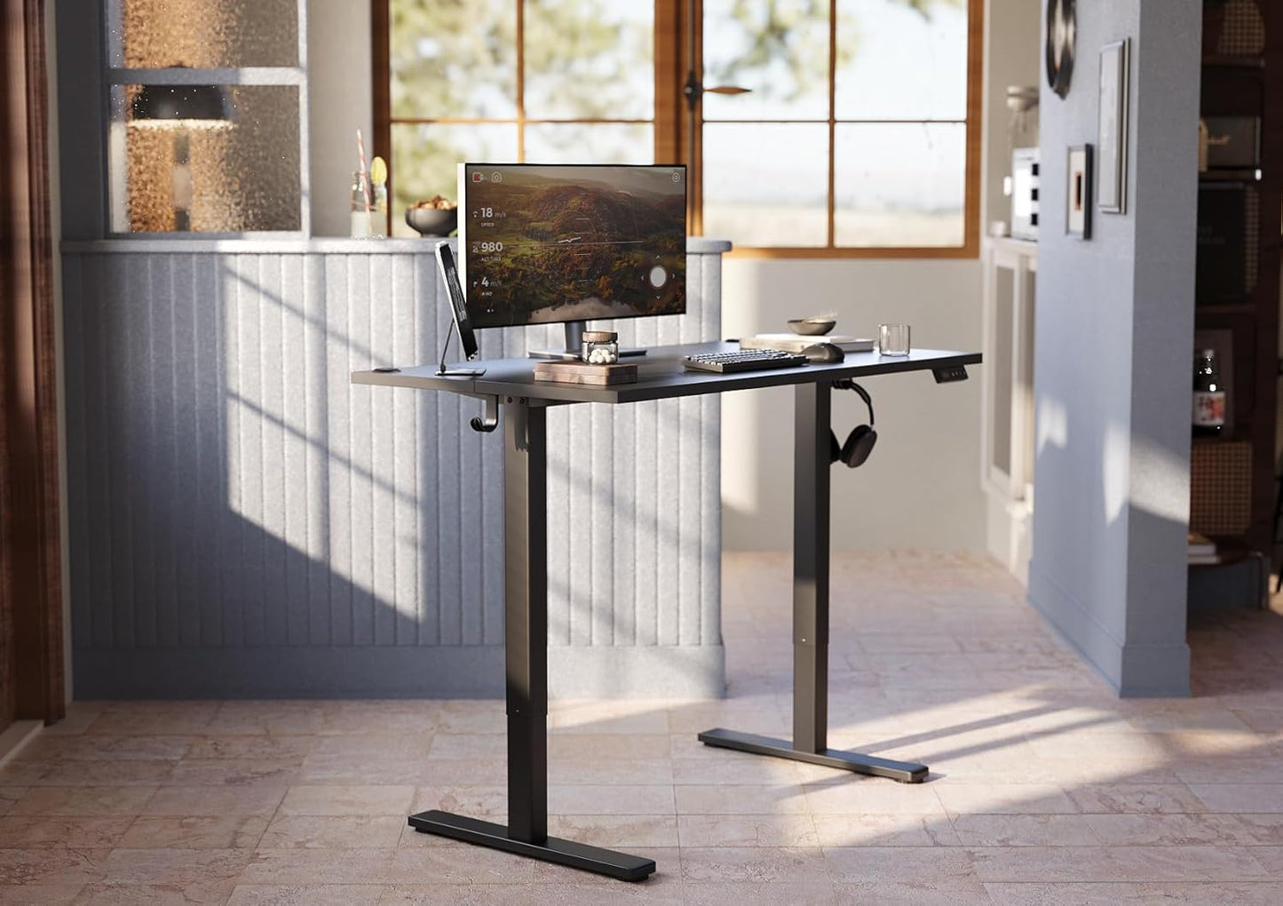 Seang Electric Standing Desk With Adjustable Height, 48x24 Inch, Sit Stand With Splice Board for Home Office Computer Workstation, Black Frame/Black Top