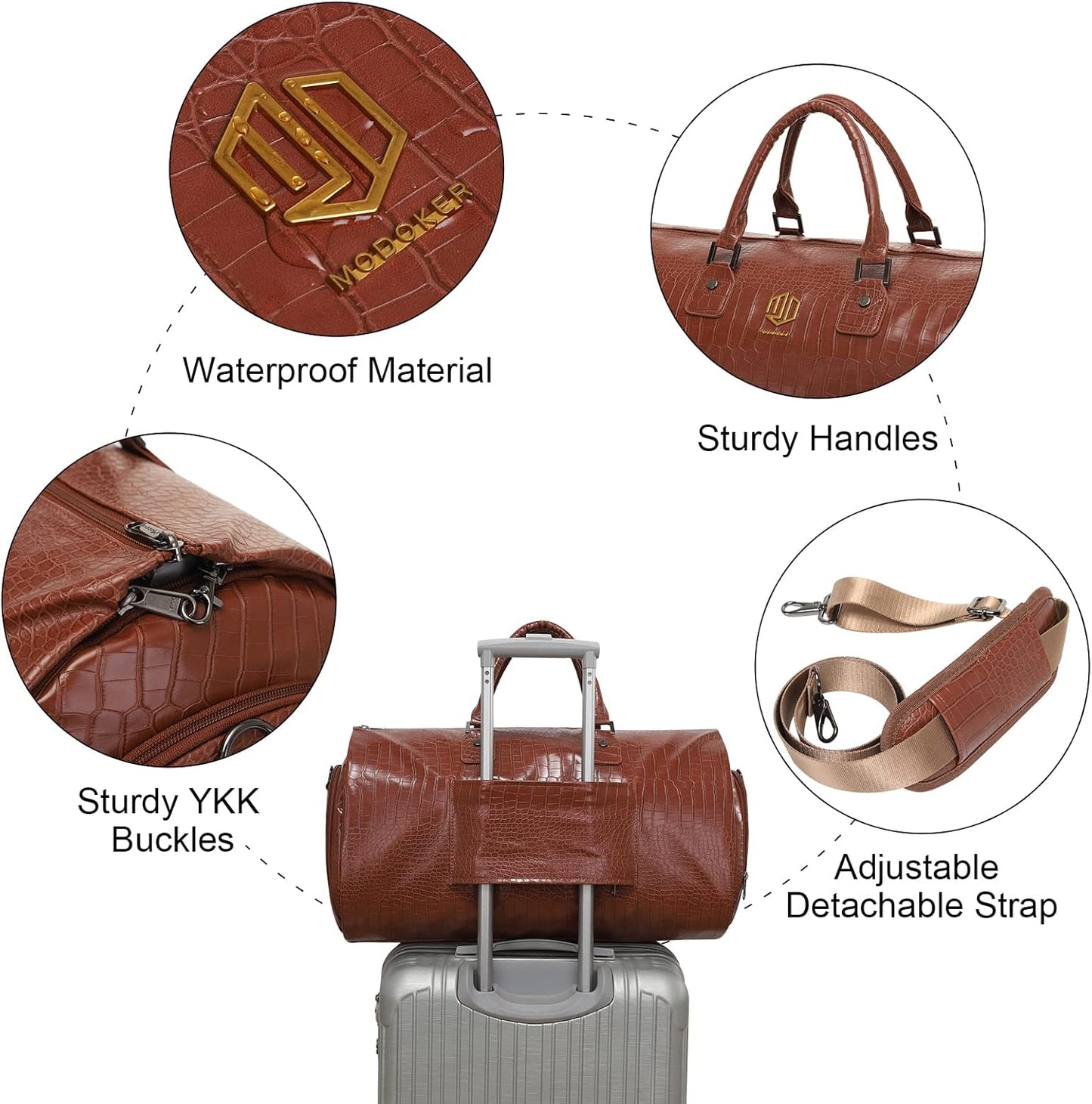 Modoker 2-in-1 Convertible Leather Garment Bag,Waterproof Carry On Garment Duffel for Business Travel,Hanging Suitcase with Shoulder Strap,Luggage for Men & Women, Light Brown