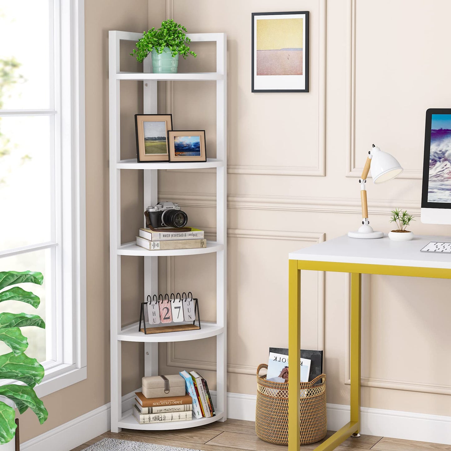 Tribesigns 5 Tier Corner Shelf, Modern Corner Bookshelf Small Bookcase Storage Rack Plant Stand for Living Room, Home Office, Kitchen, Small Space (White)