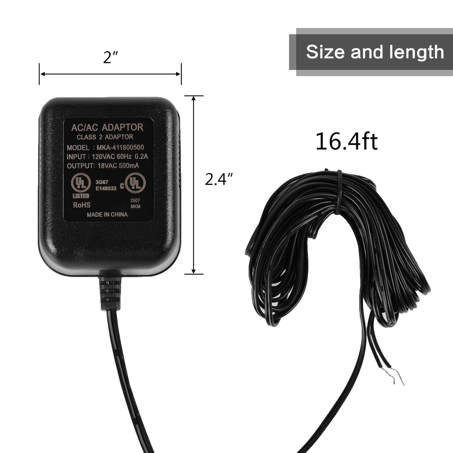 AC 18V 500mA Doorbell Transformer,Ring Power Adapter Wired Door Bell Power Supply for Video Doorbell Ring 1/2/2 Pro and Thermostats,5m/16.4ft Cable