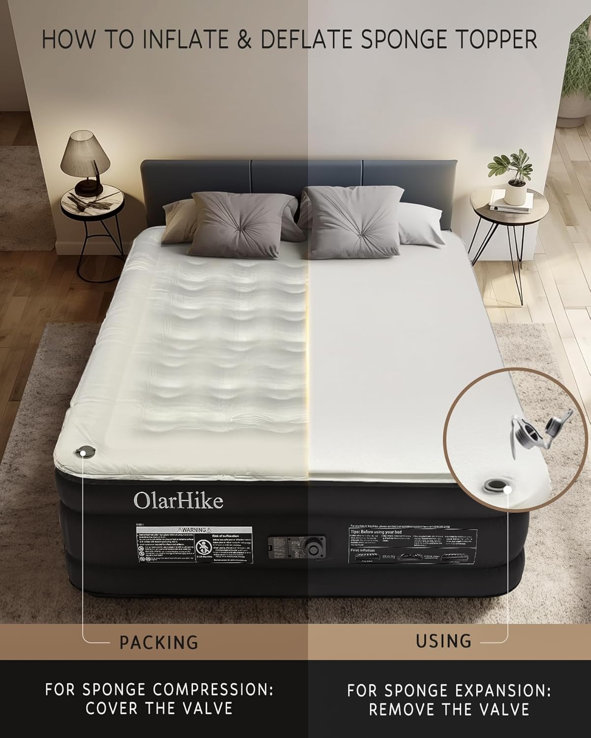 NEW - OlarHike Signature Collection Queen Air Mattress with Built in Pump,18” Luxury Air Mattress with Silk Foam Topper for Camping, Home & Guests, Fast & Easy Inflation/Deflation Airbed Black - Retail $150