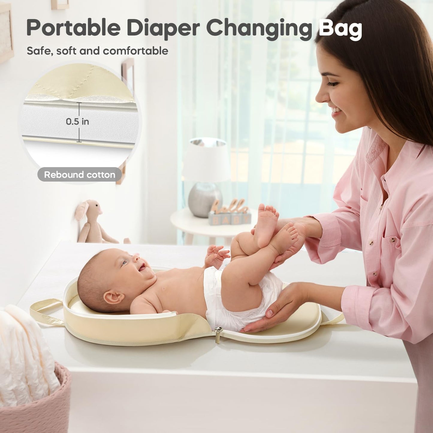 Portable Waterproof Leather Diaper Changing Pad Compact for Travel Diaper Bag, Easy Clean, Newborn Baby, Beige